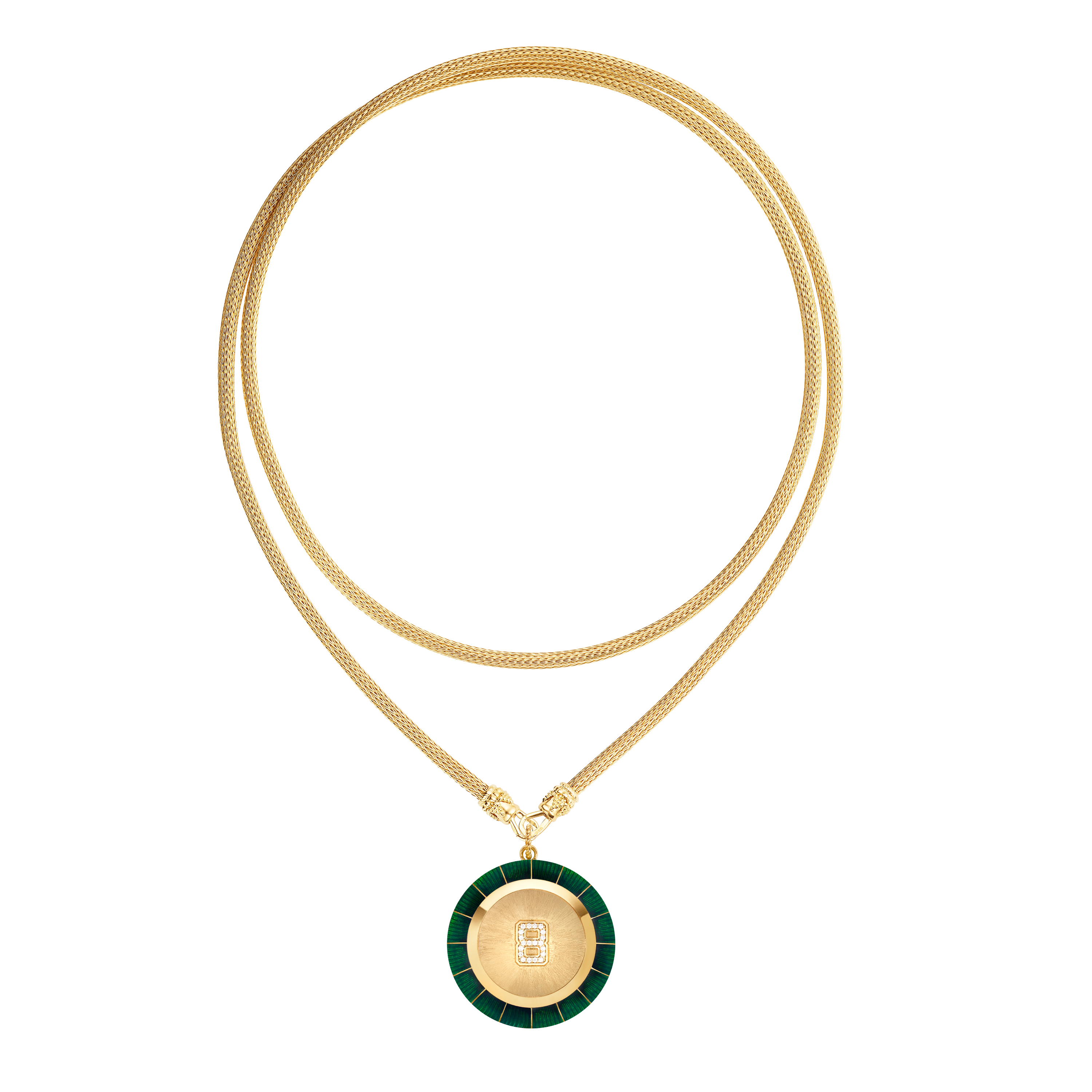 18k yellow gold green diamond magic 8 ball charm pendant necklace on an Indian chain by Marie Lichtenberg Tiny Gods