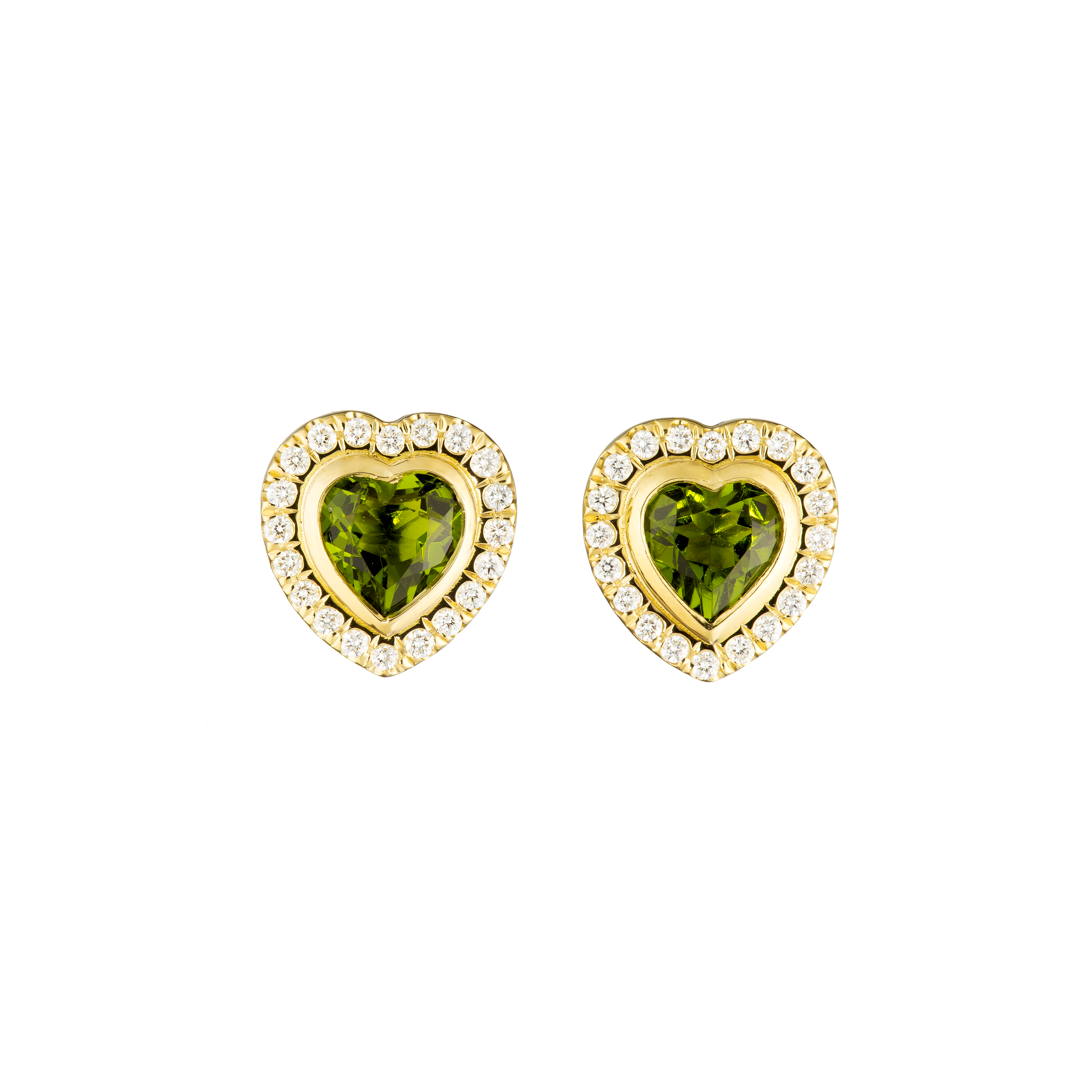 18k yellow gold diamond pave green tourmaline heart stud earrings by Guita M Tiny Gods