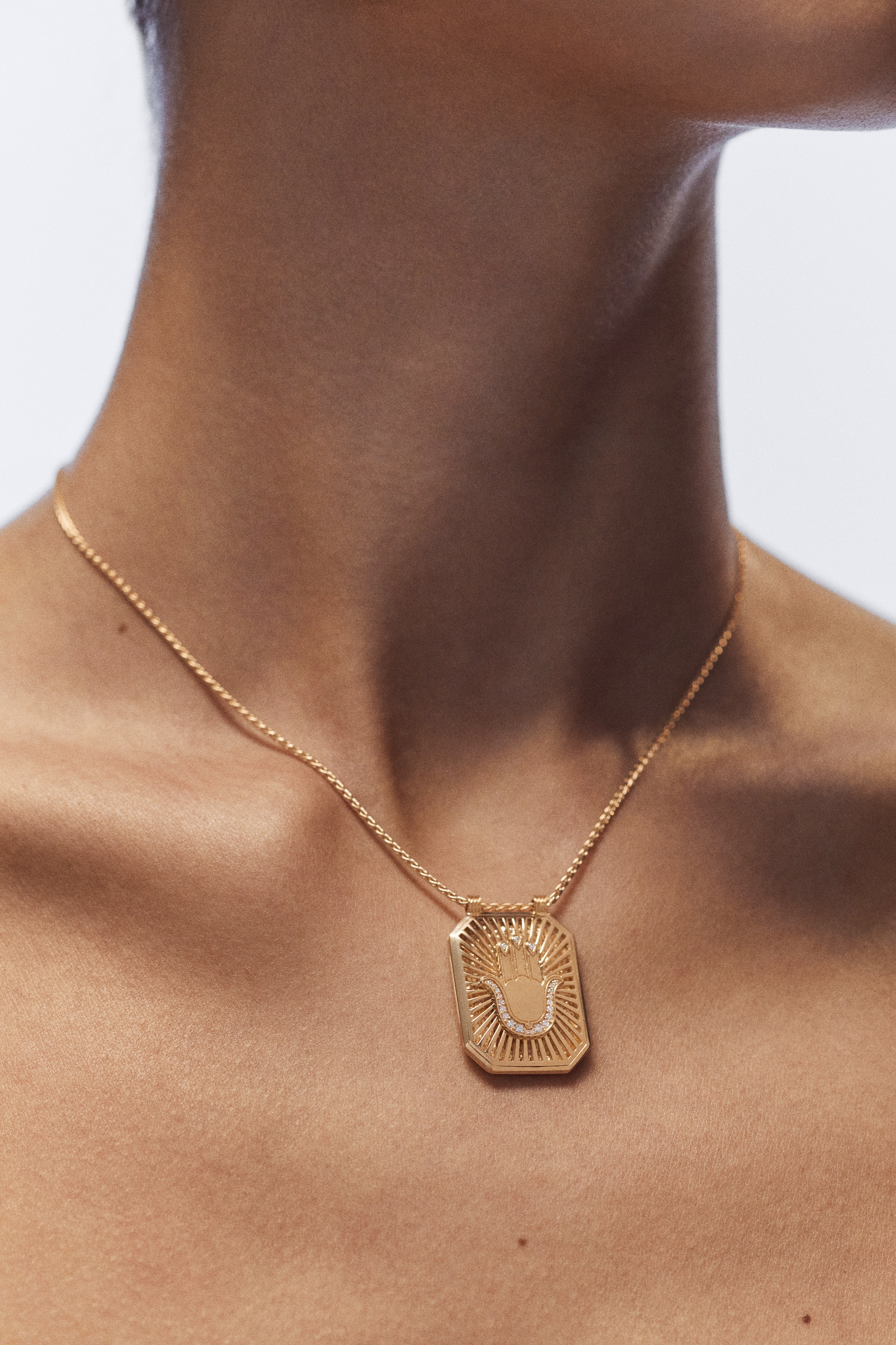 18k yellow gold diamond hamsa hand scapular gold pendant necklace by Marie Lichtenberg Tiny Gods