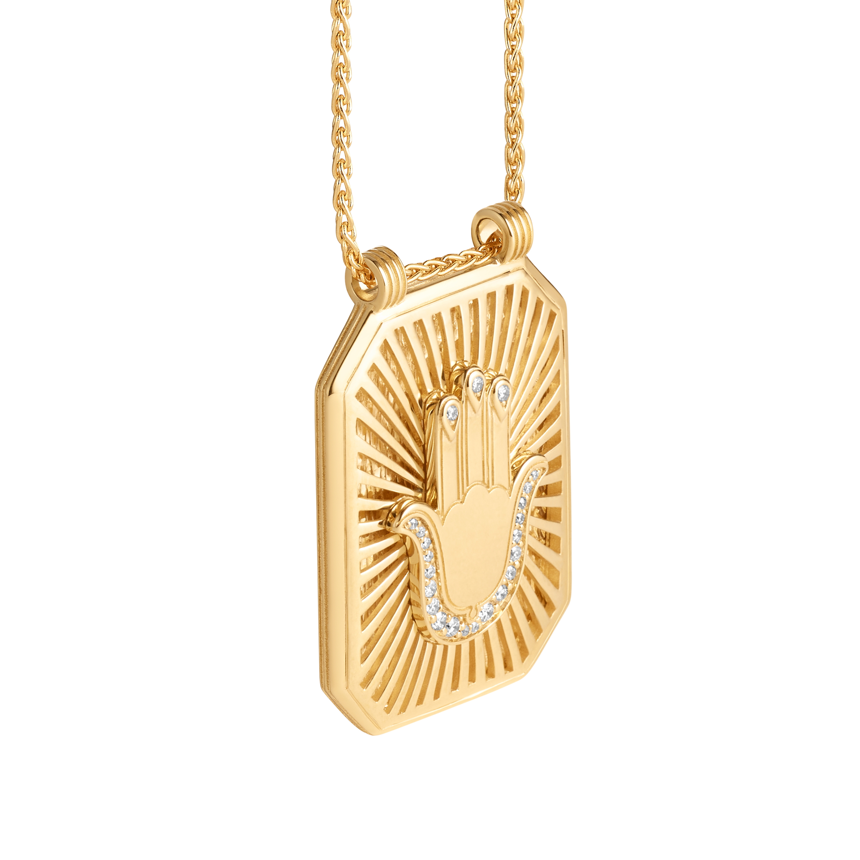18k yellow gold diamond hamsa hand scapular gold pendant necklace by Marie Lichtenberg Tiny Gods