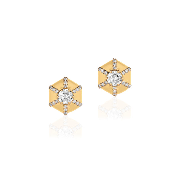18k yellow gold diamond hexagon queen studs by Goshwara Tiny Gods