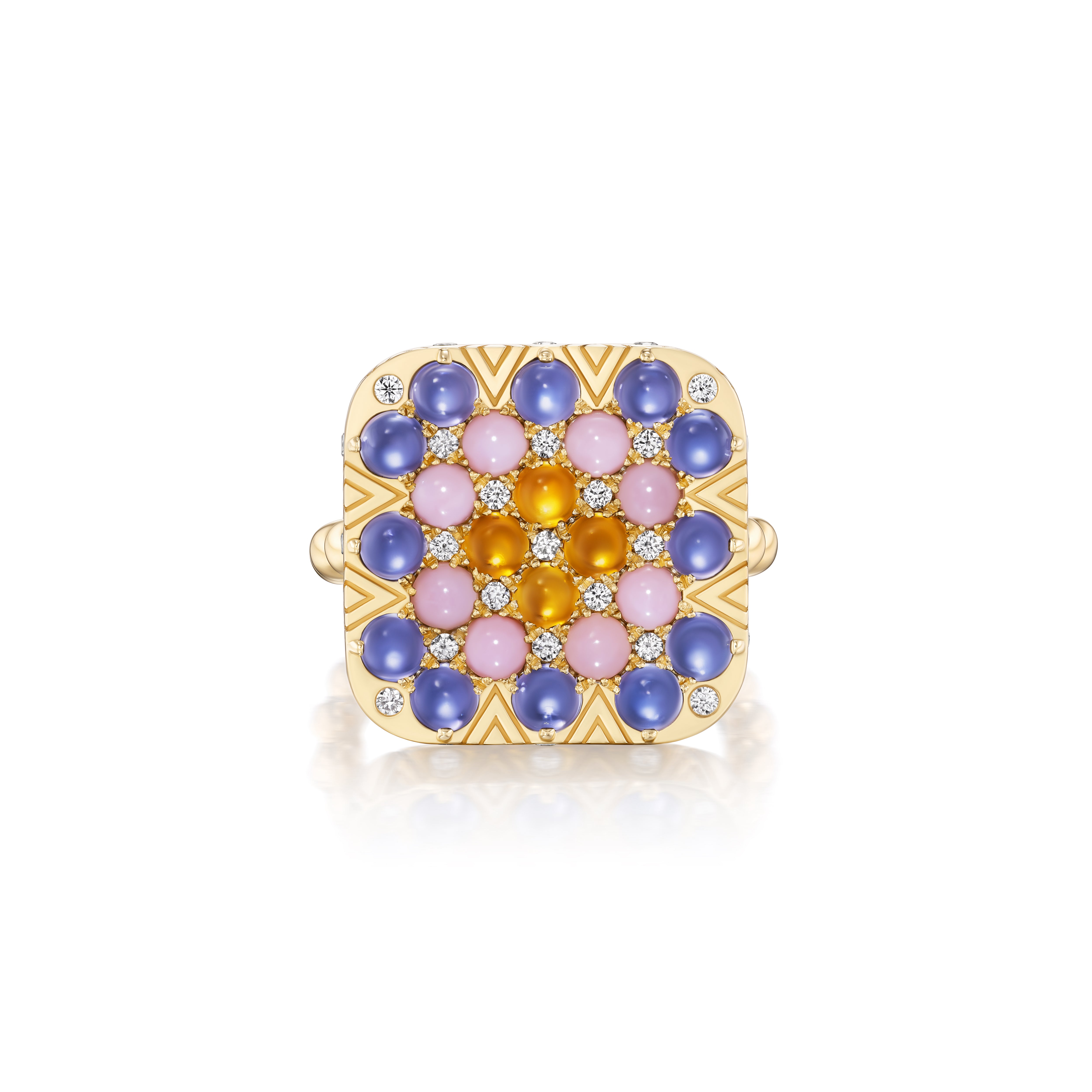 18k yellow gold Bettina iolite pink opal and citrine diamond gray square quilt ring by Harwell Godfrey Tiny Gods