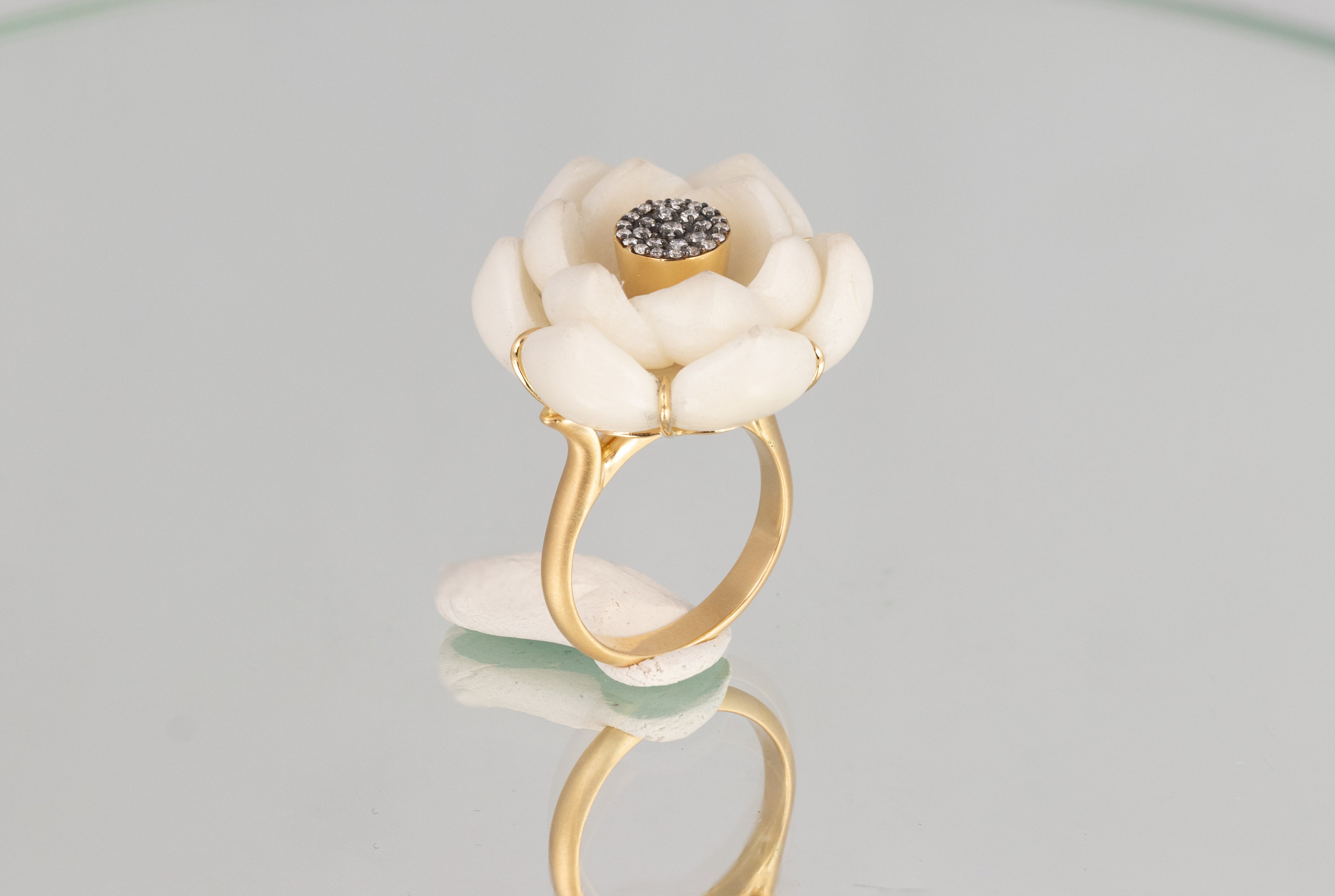 18k yellow gold carved jarina seed tagua white lotus flower diamond ring by Silvia Furmanovich Tiny Gods