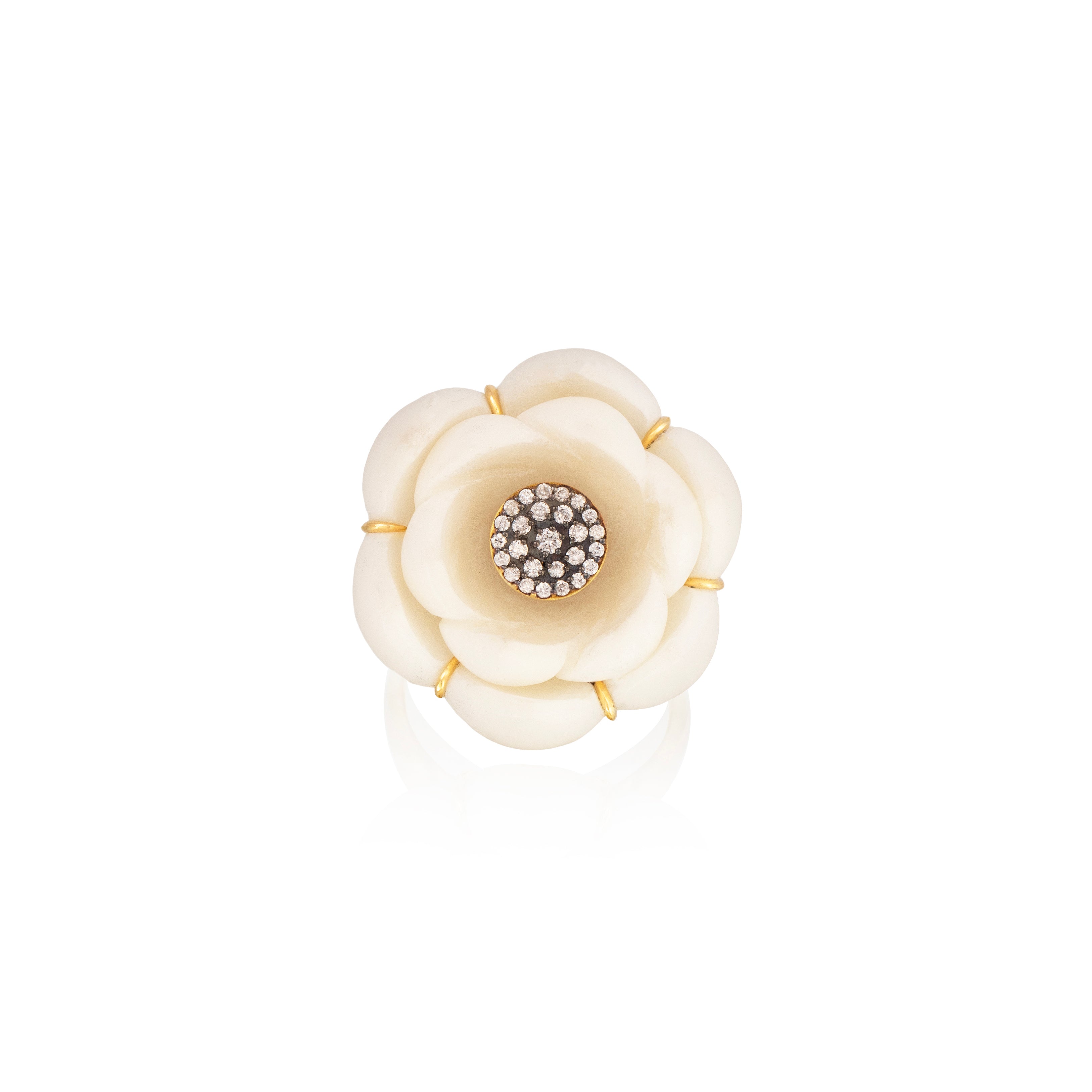 18k yellow gold carved jarina seed tagua white lotus flower diamond ring by Silvia Furmanovich Tiny Gods
