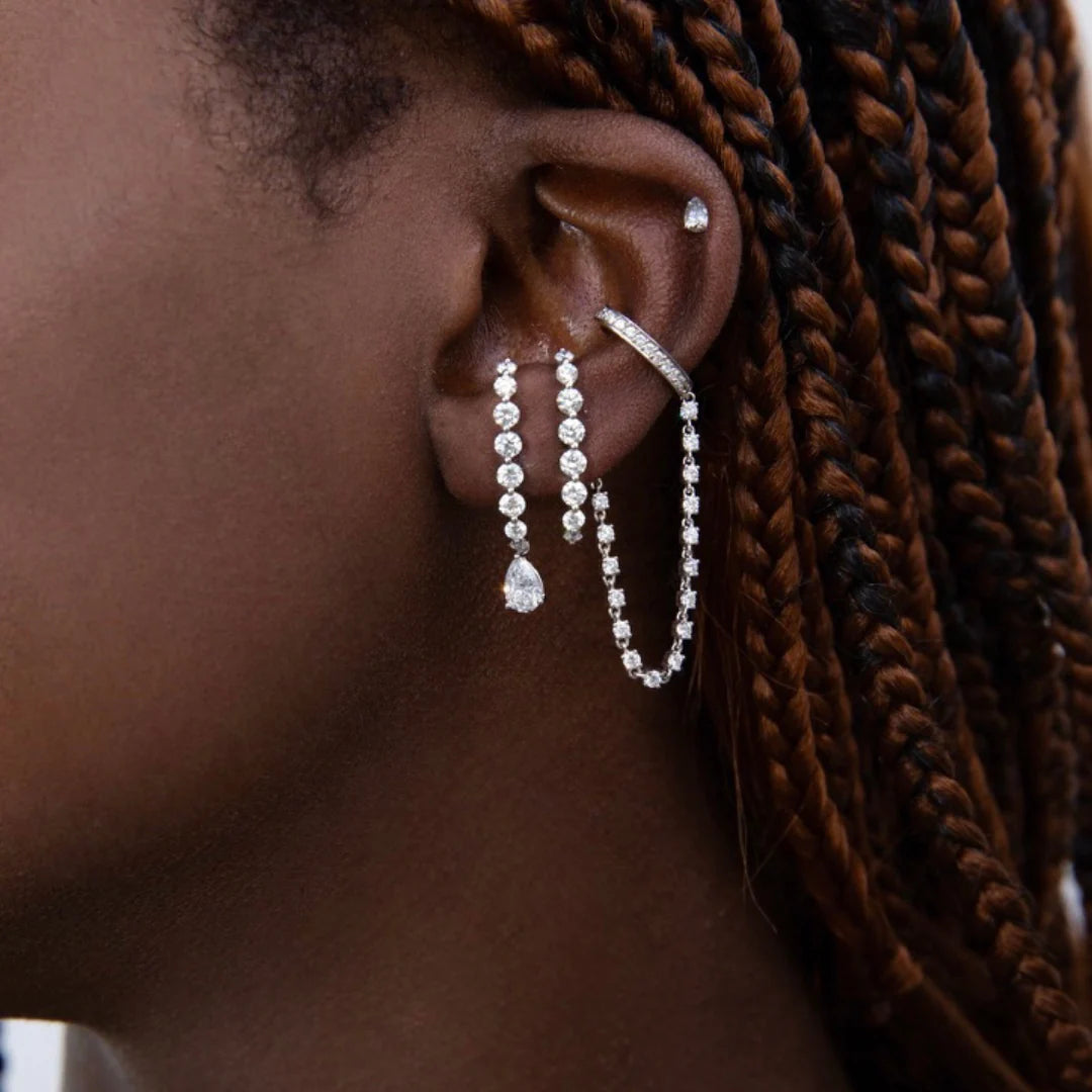 18k yellow gold large lobe ear cuff with diamonds and pear diamond drop earrings by Anita Ko Tiny Gods