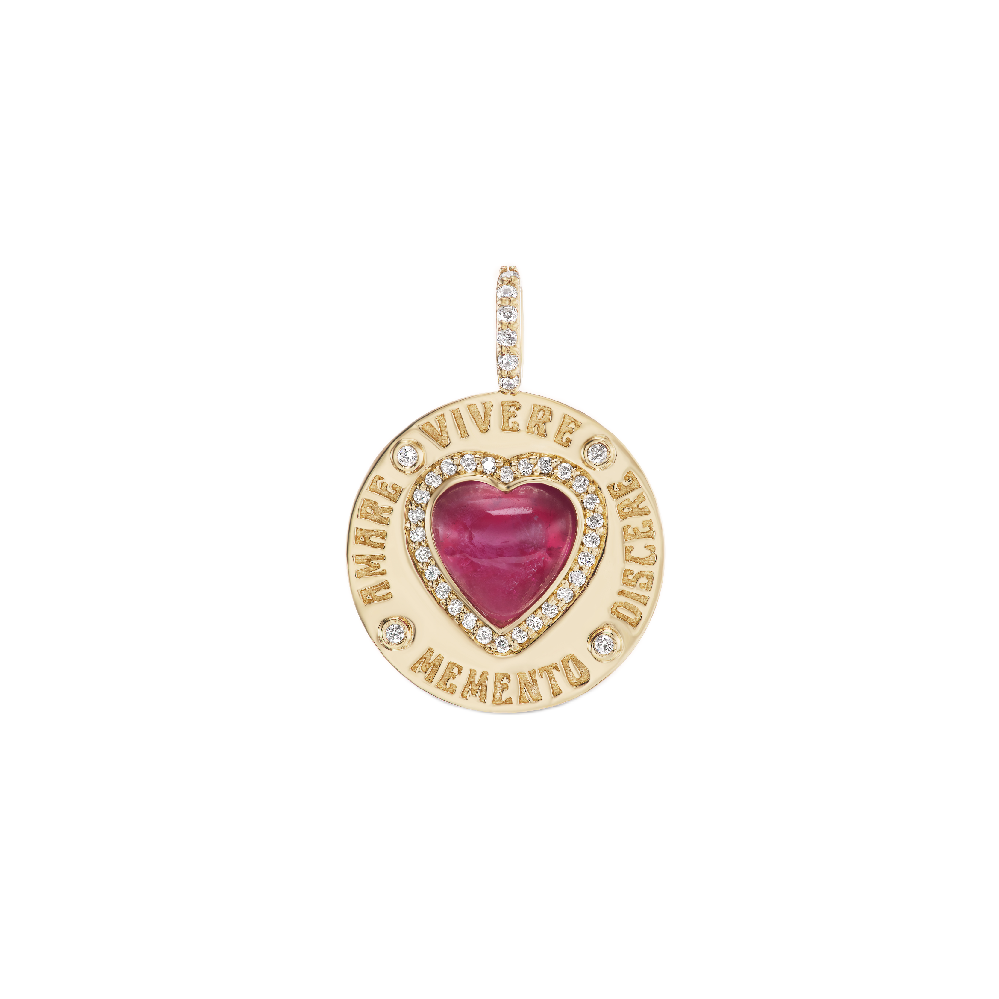 14k yellow gold diamond mini greek love token coin pendant charm four words Vivere, Discere, Memento, heart pink tourmaline Marlo Laz Tiny Gods