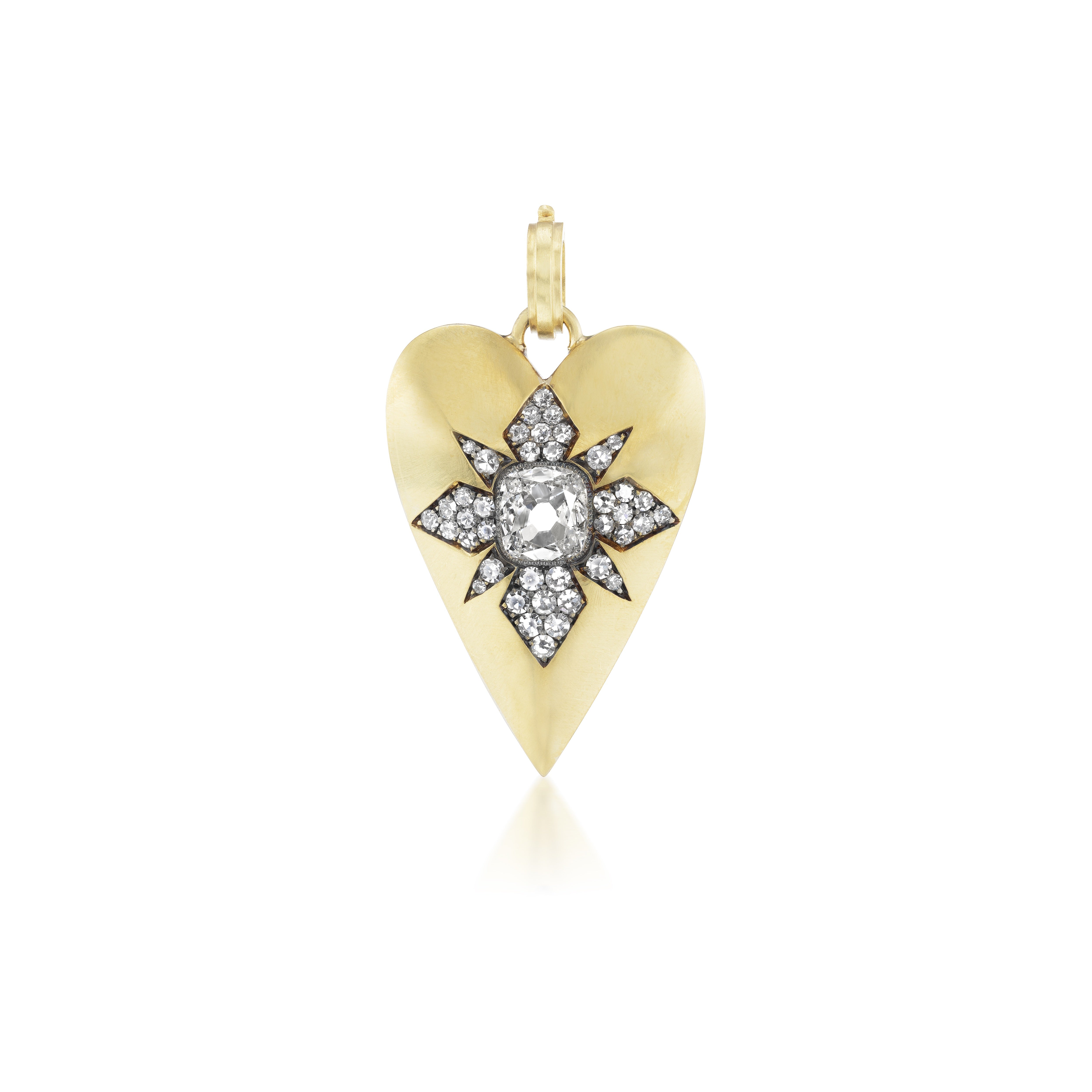 18k yellow gold and silver cushion cut diamond pave gilded age heart pendant by Sylva & Cie Tiny Gods