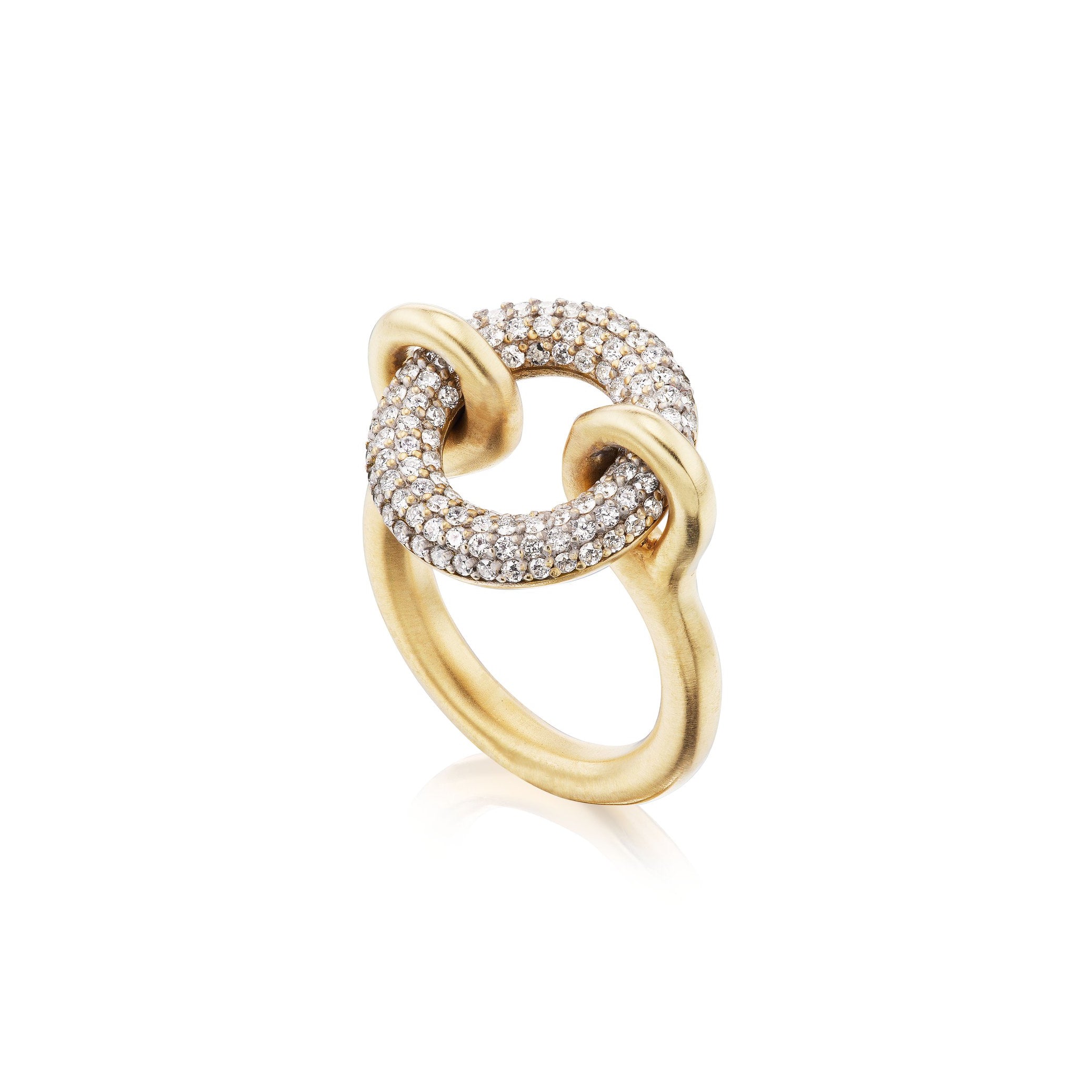 18k yellow gold and diamond pave round ring with satin finish by Beck Jewels Tiny Gods