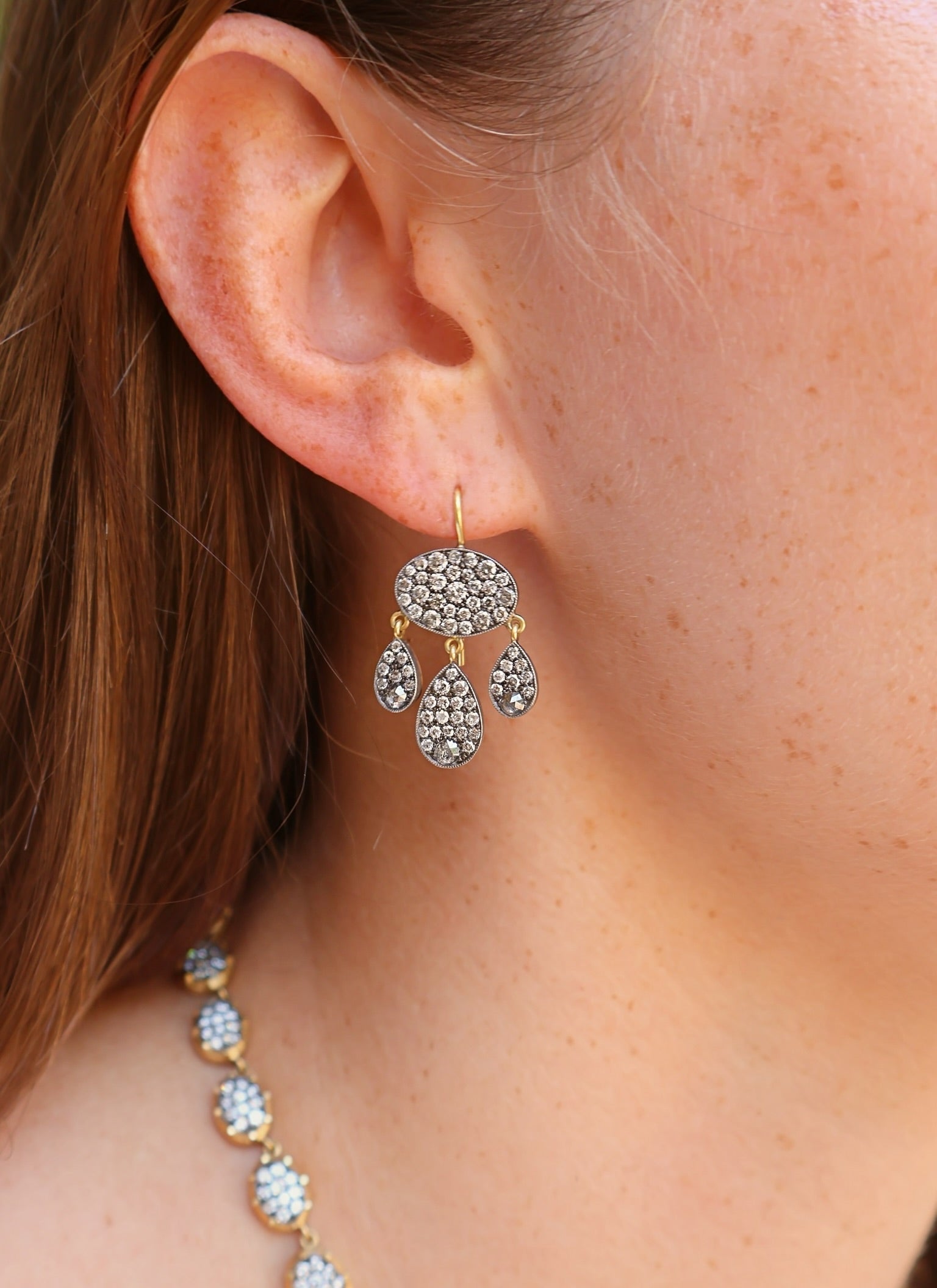 18k yellow gold Grey Diamond Baby Dangle Earrings with rosecut diamonds chandelier style by Sylva and Cie at Tiny Gods