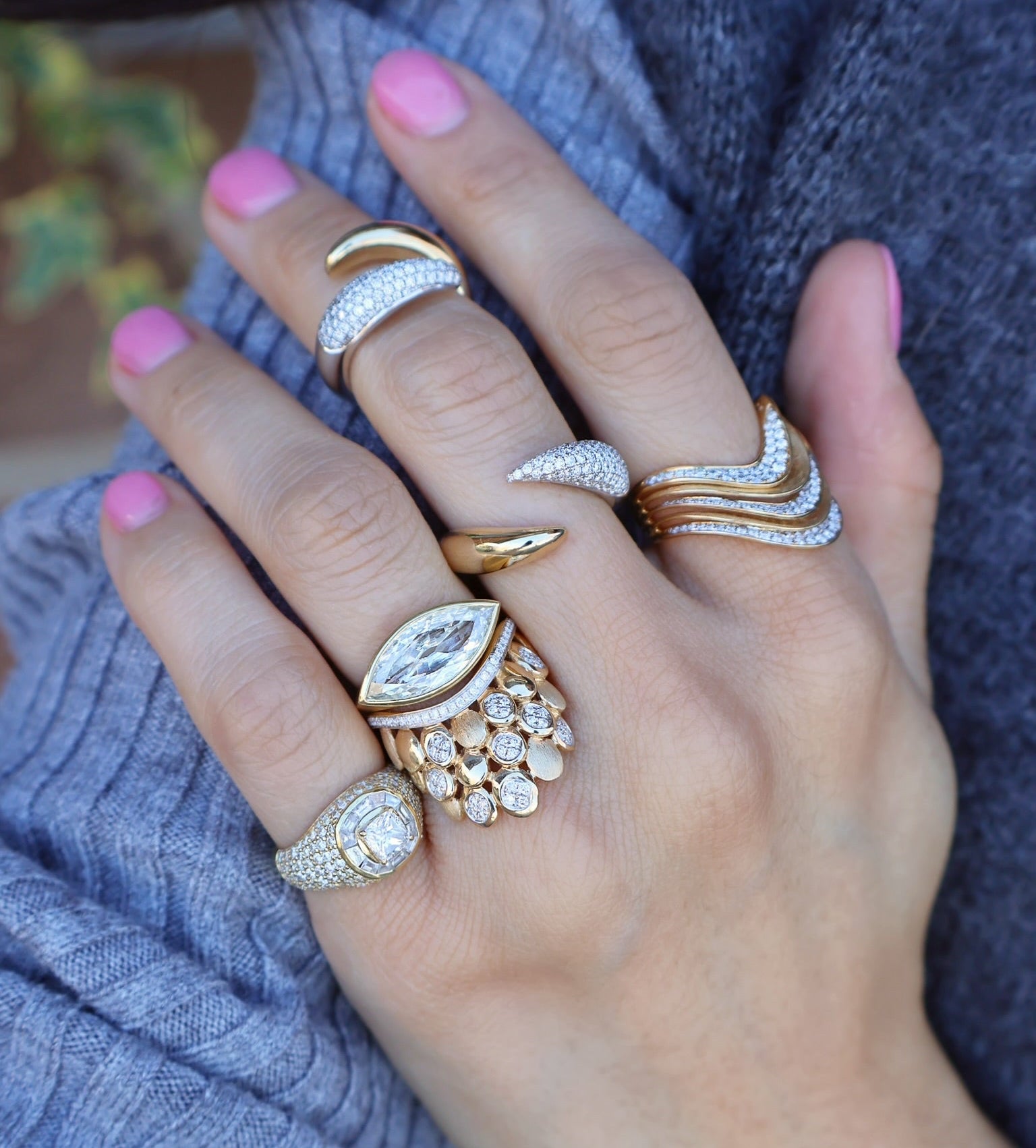 18k yellow gold cushion baguette pave diamond vortex pink ring by Loraida Tiny Gods