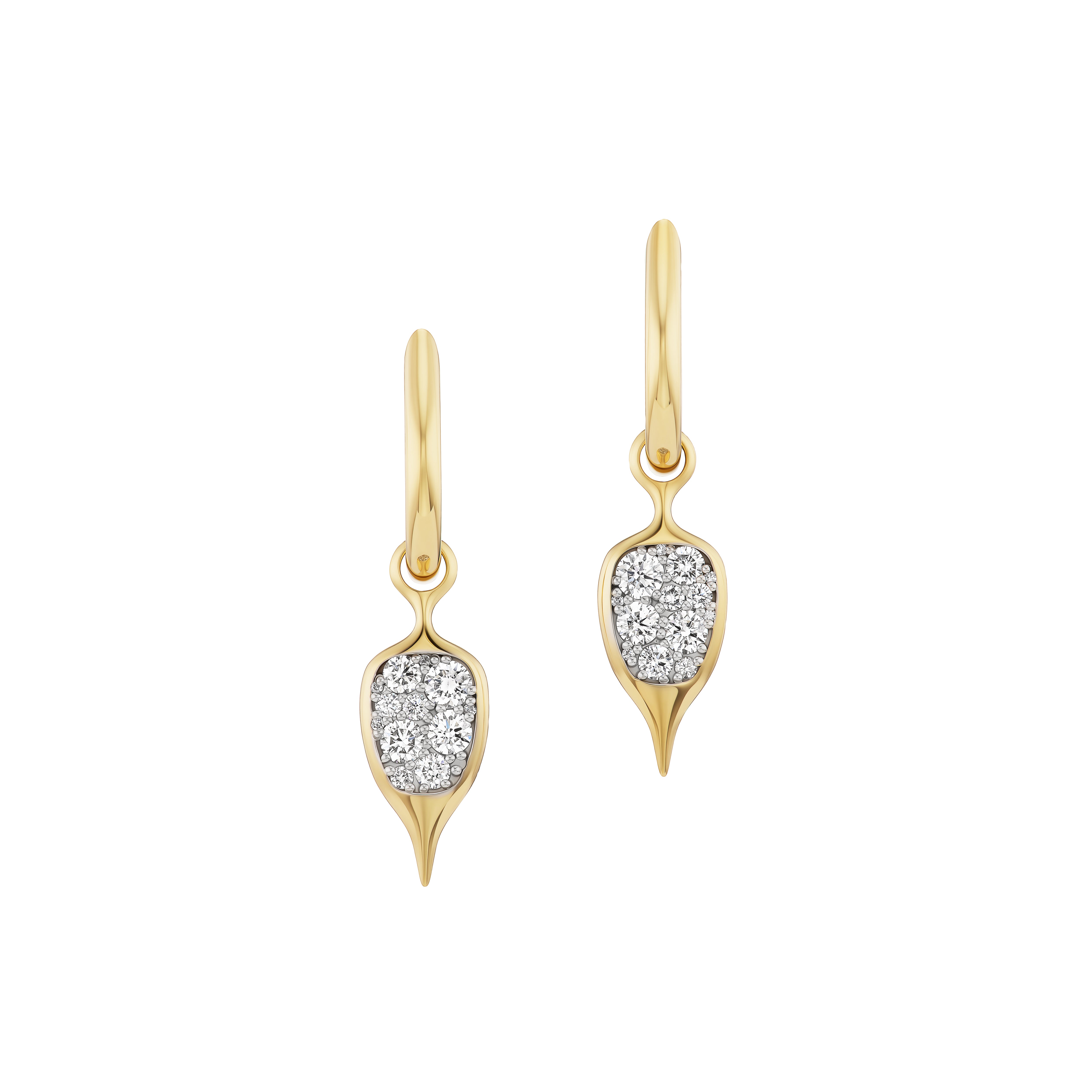 18k yellow gold diamond pave thorn carriage huggie earrings by Uniform Object Tiny Gods