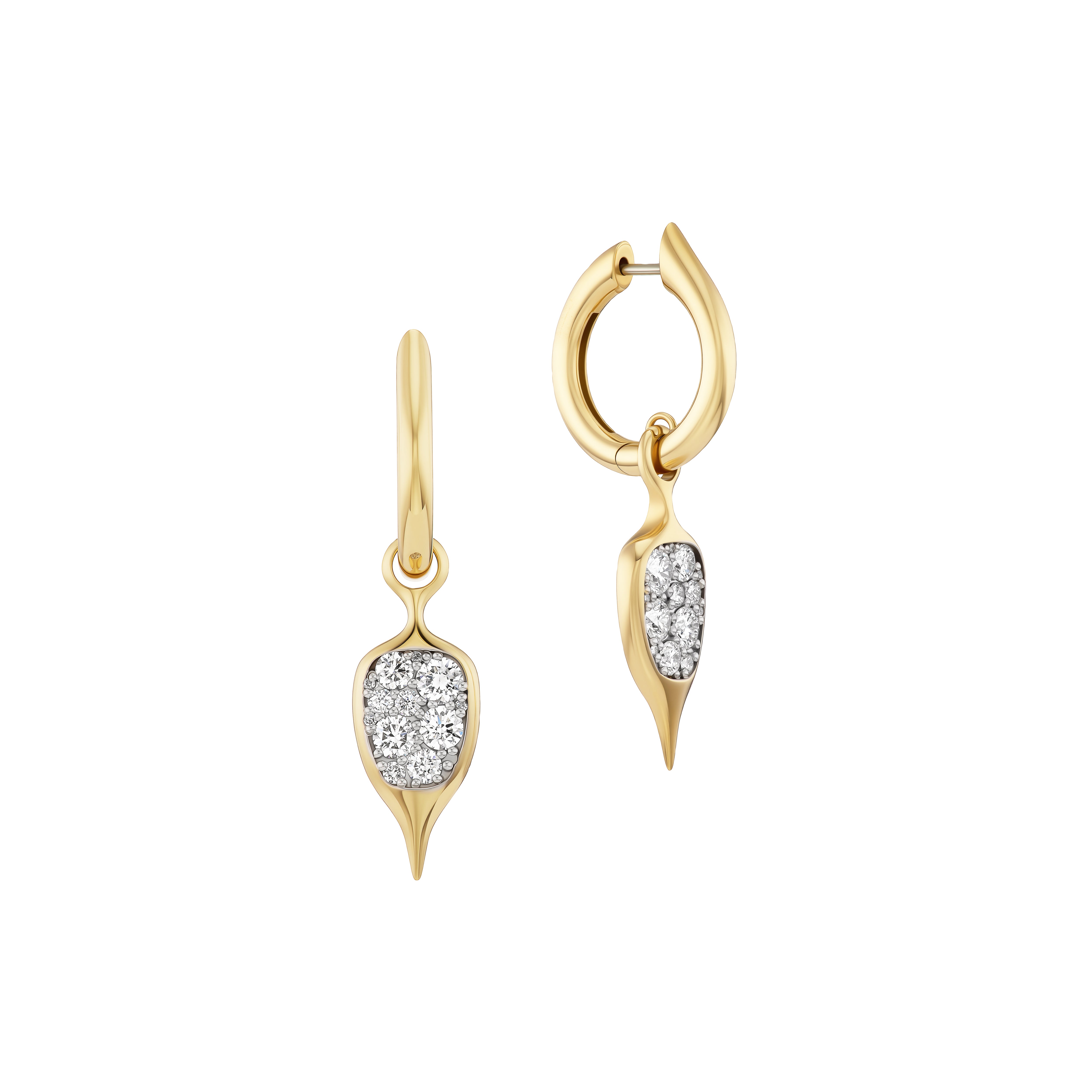 18k yellow gold diamond pave thorn carriage huggie earrings by Uniform Object Tiny Gods