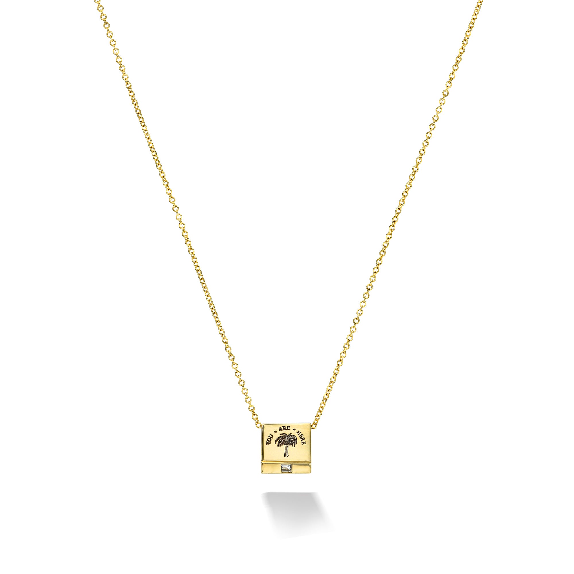 14k yellow gold diamond petite matchbook pendant necklace "you are here" palm tree by Retrouvai Tiny Gods