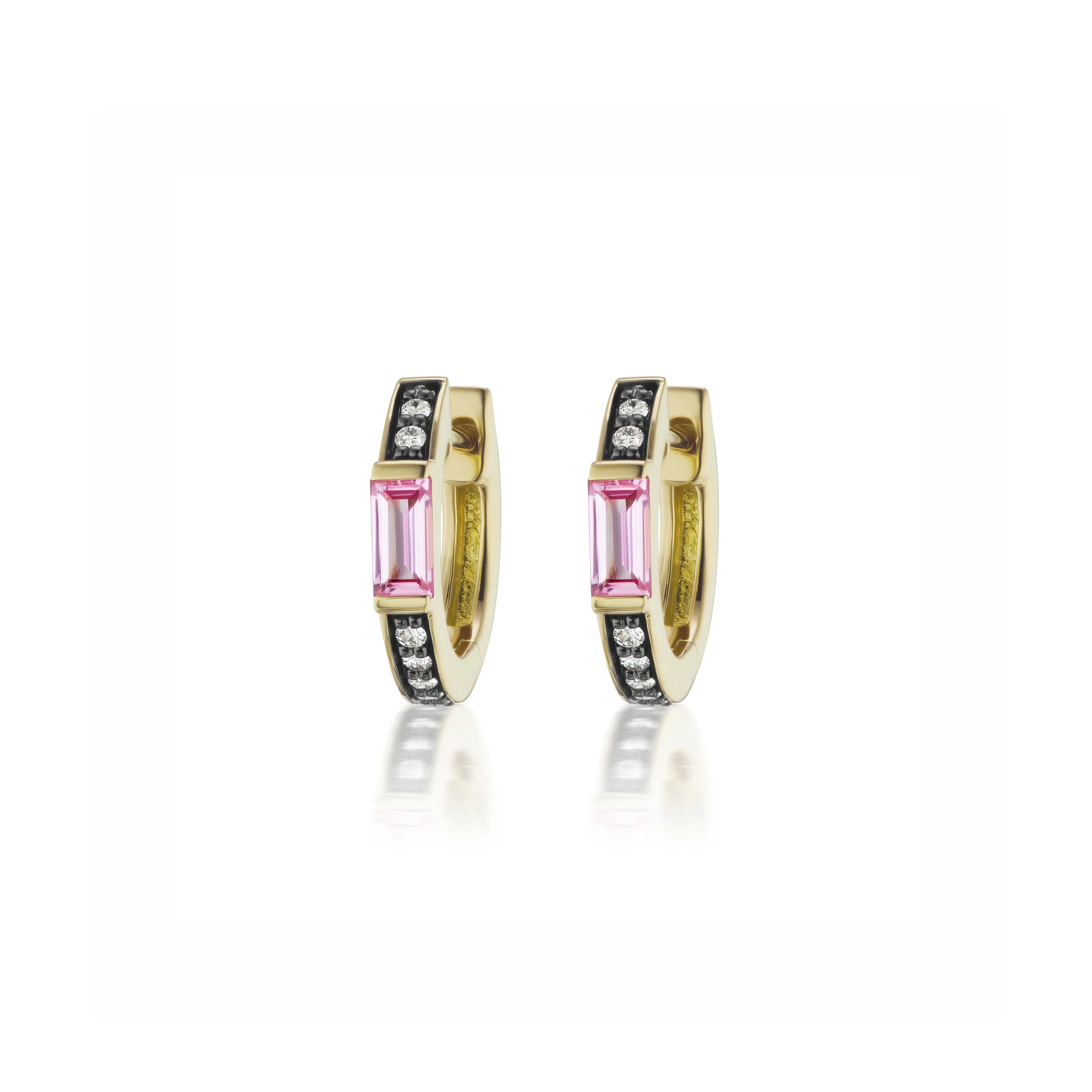 18k yellow gold otto earrings with pink sapphires, diamonds and black rhodium detail with Sorellina