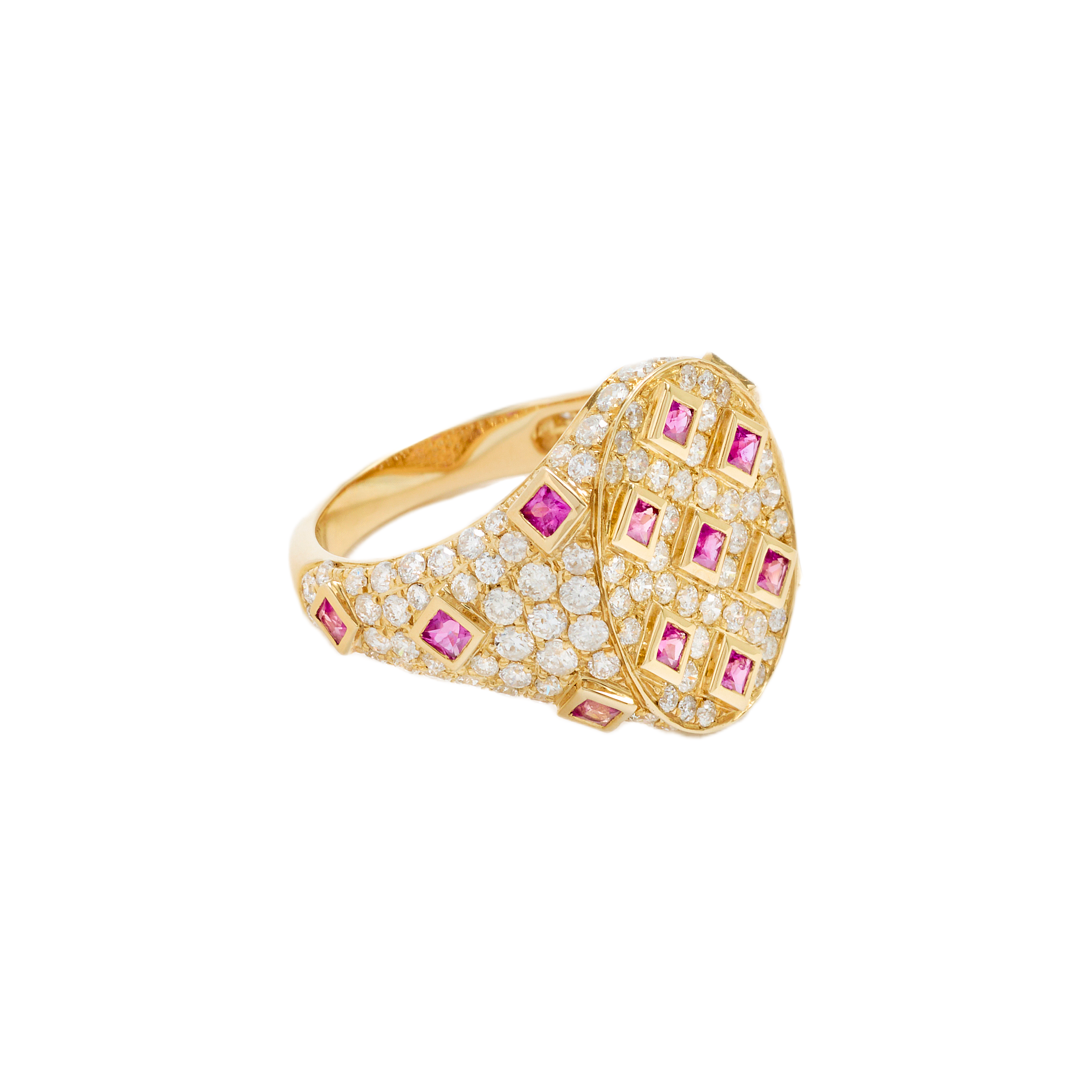 Yellow gold diamond and pink sapphire signet ring by Yvonne Leon and Tiny Gods