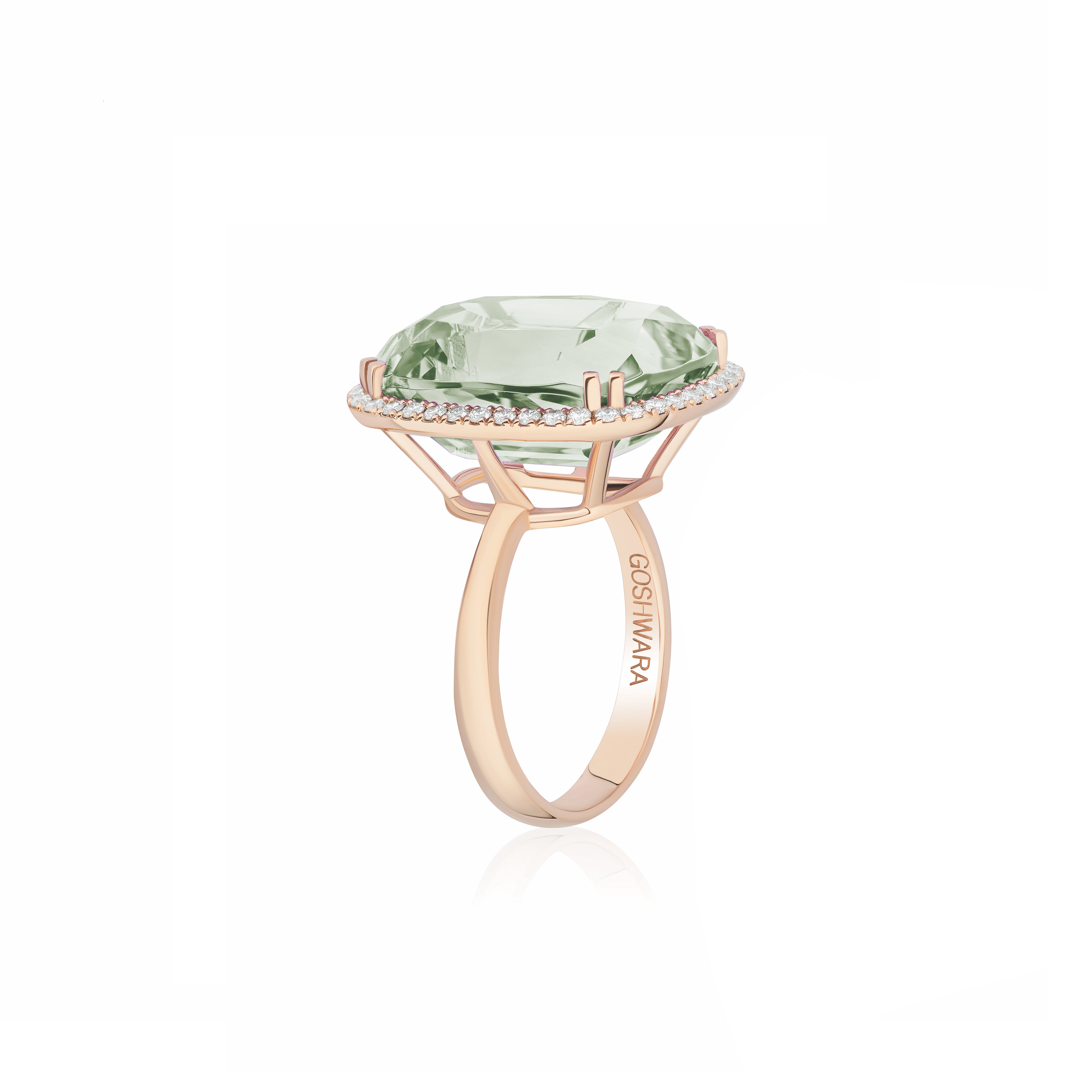 18k yellow gold cushion cut prasioltie with diamond pave border set on a tube shank ring by Goshwara Tiny Gods