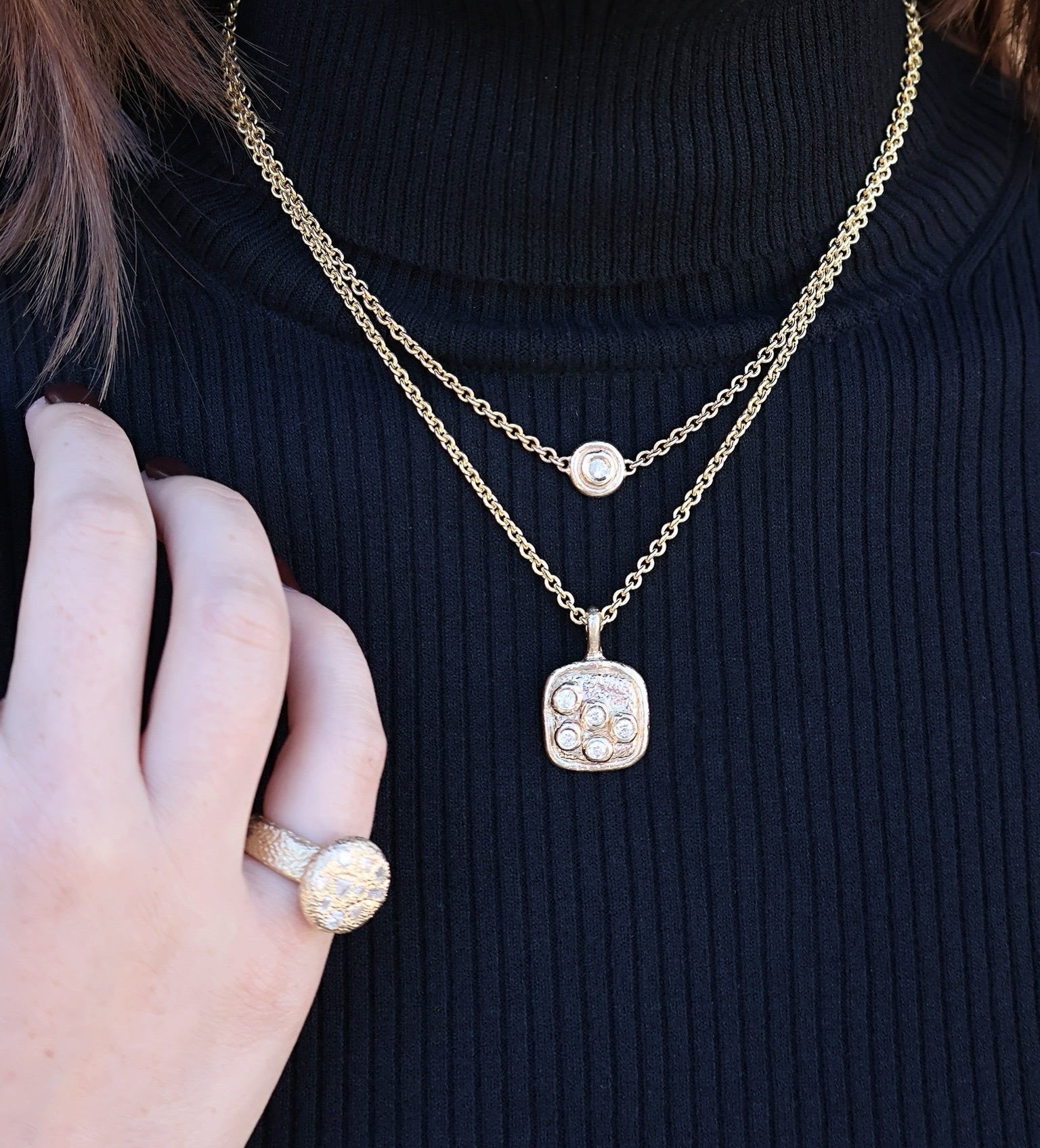14k yellow gold Double Trouble Necklace diamond round pendant necklace by Rene Barnes Tiny Gods