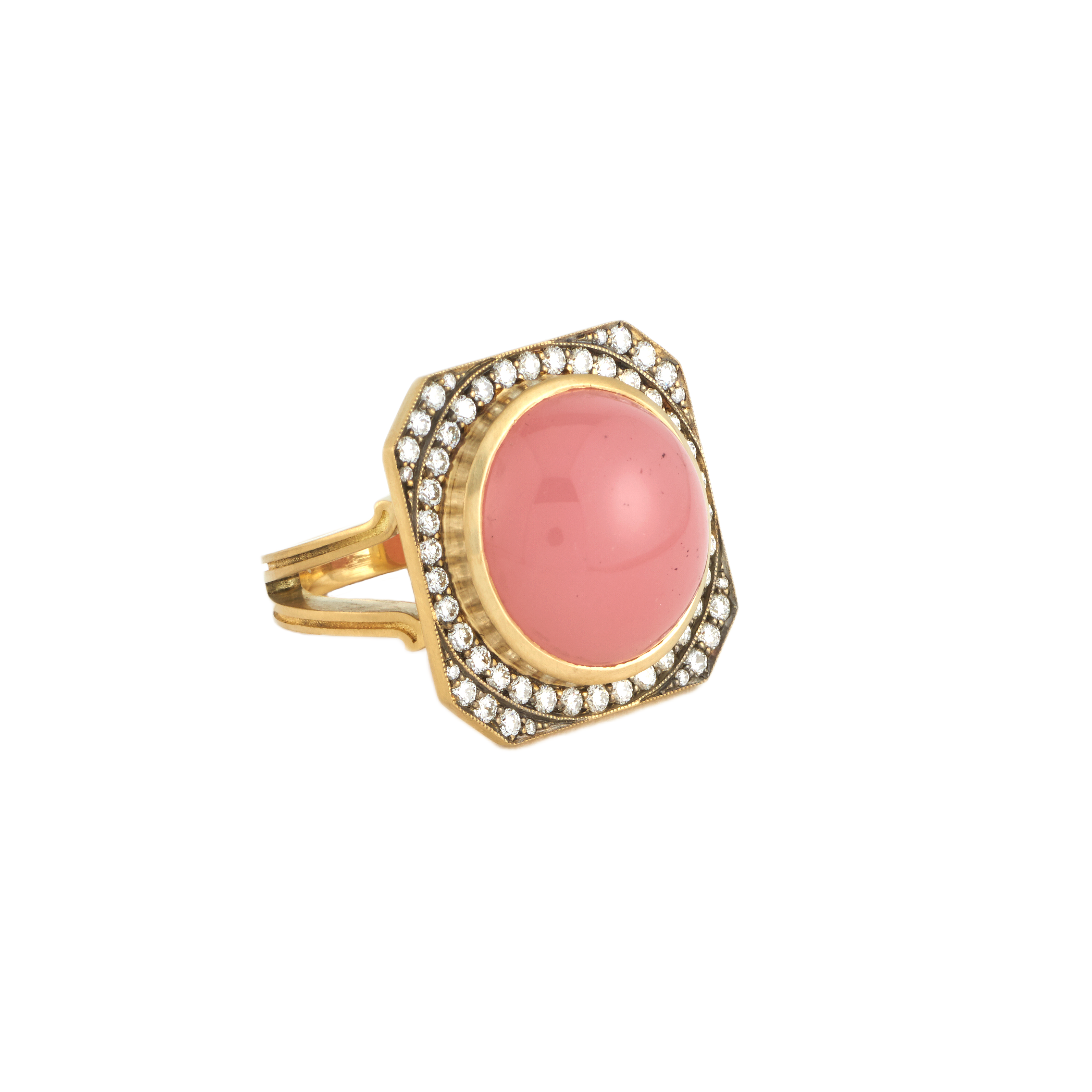 18k yellow gold diamond and black rhodium renee ring with pink guava quartz by Sylva and Cie Tiny Gods