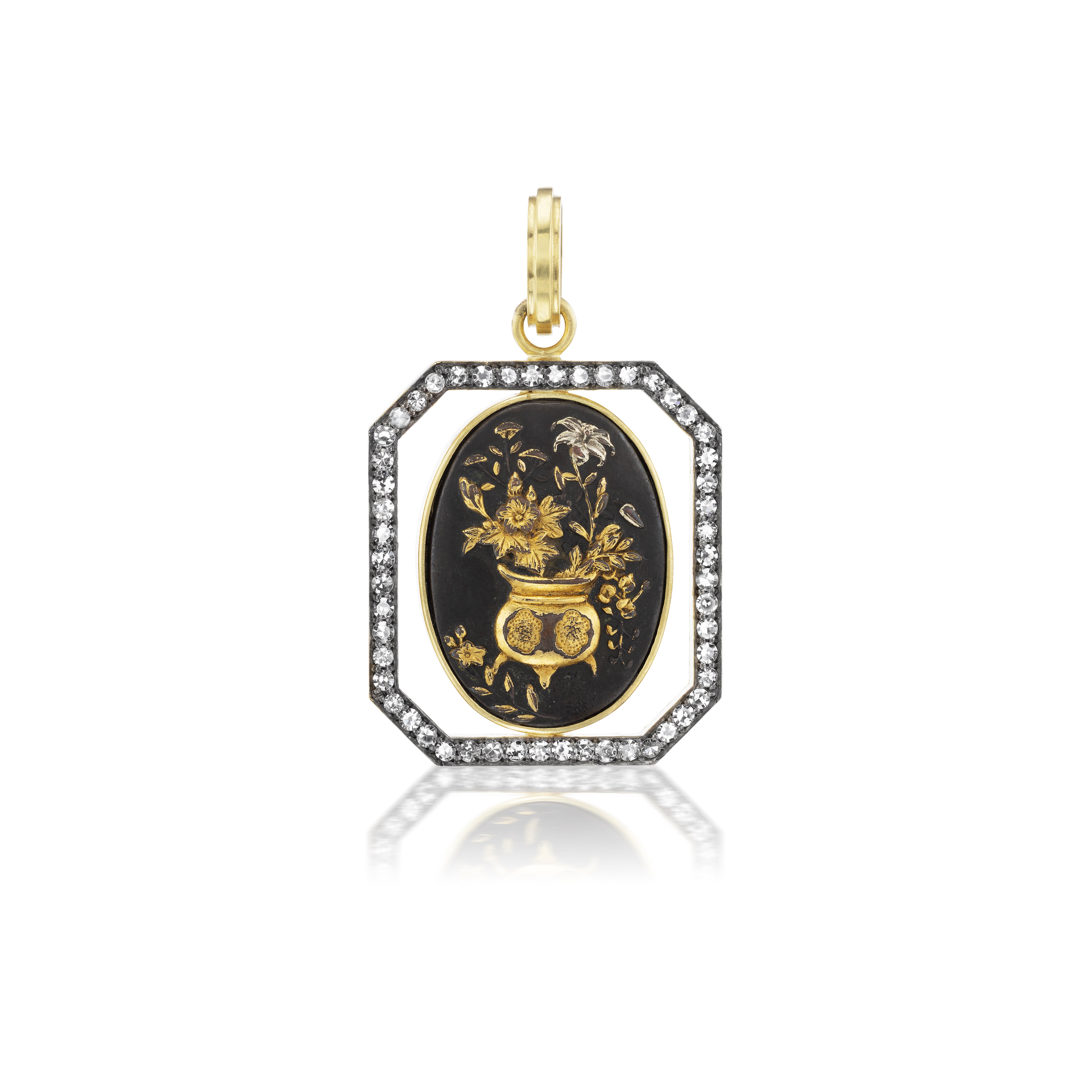 18k yellow gold diamond pendant with 1870's shakudo Japanese samurai sword with gold flower pot and floral motif by Sylva & Cie Tiny Gods