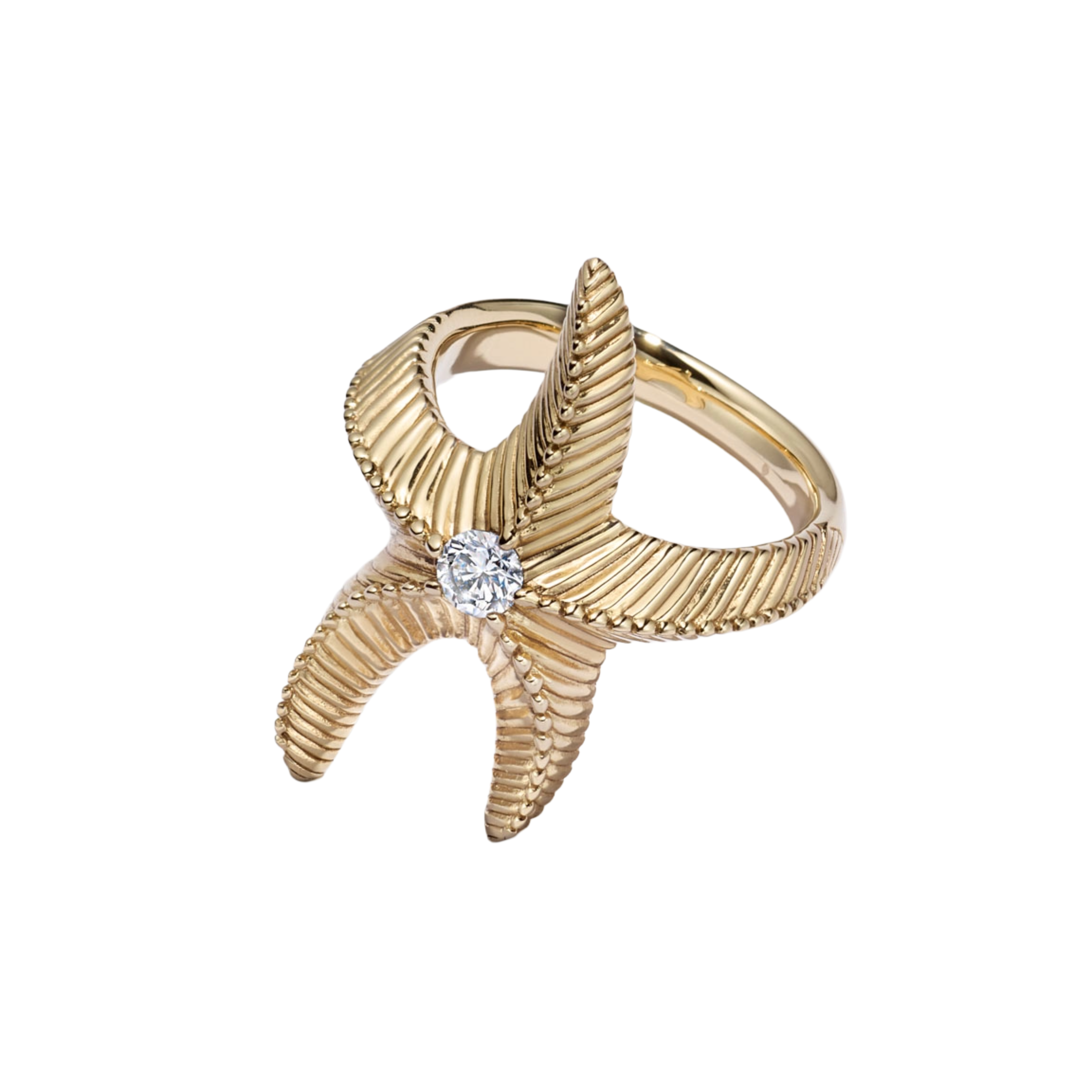 14k yellow gold star fish sea diamond ring by Lucy Delius ASCENO Tiny Gods