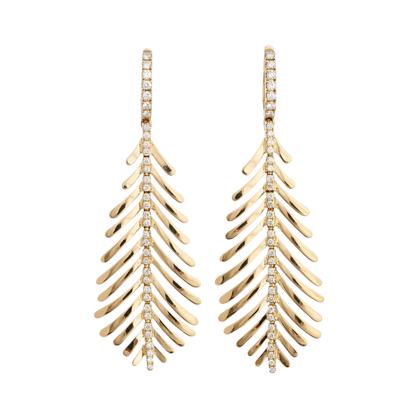 18k yellow gold plume feather earrings with diamond spine by Sidney Garber Tiny Gods