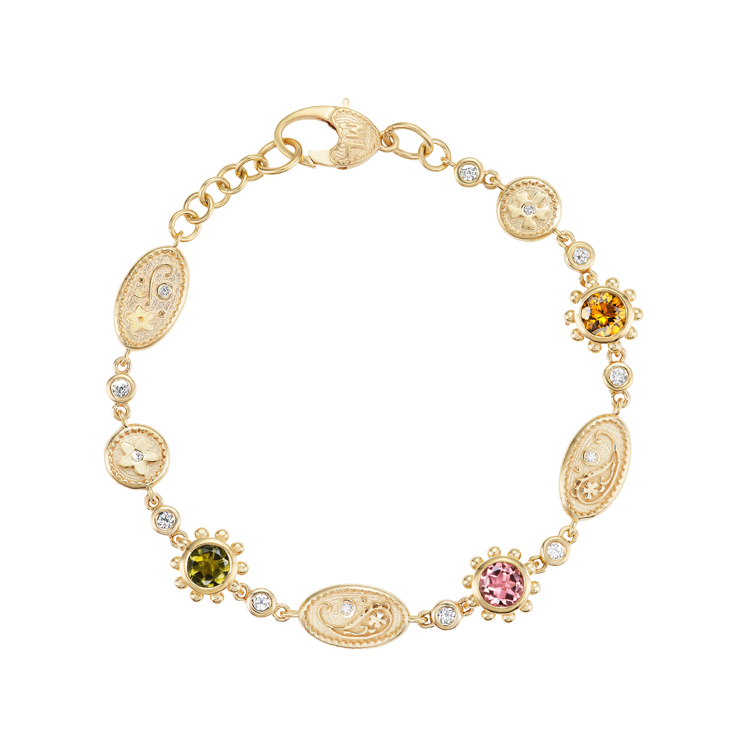14k yellow gold three stone tourmaline southwestern paisley diamond bracelet by Marlo Laz Tiny Gods