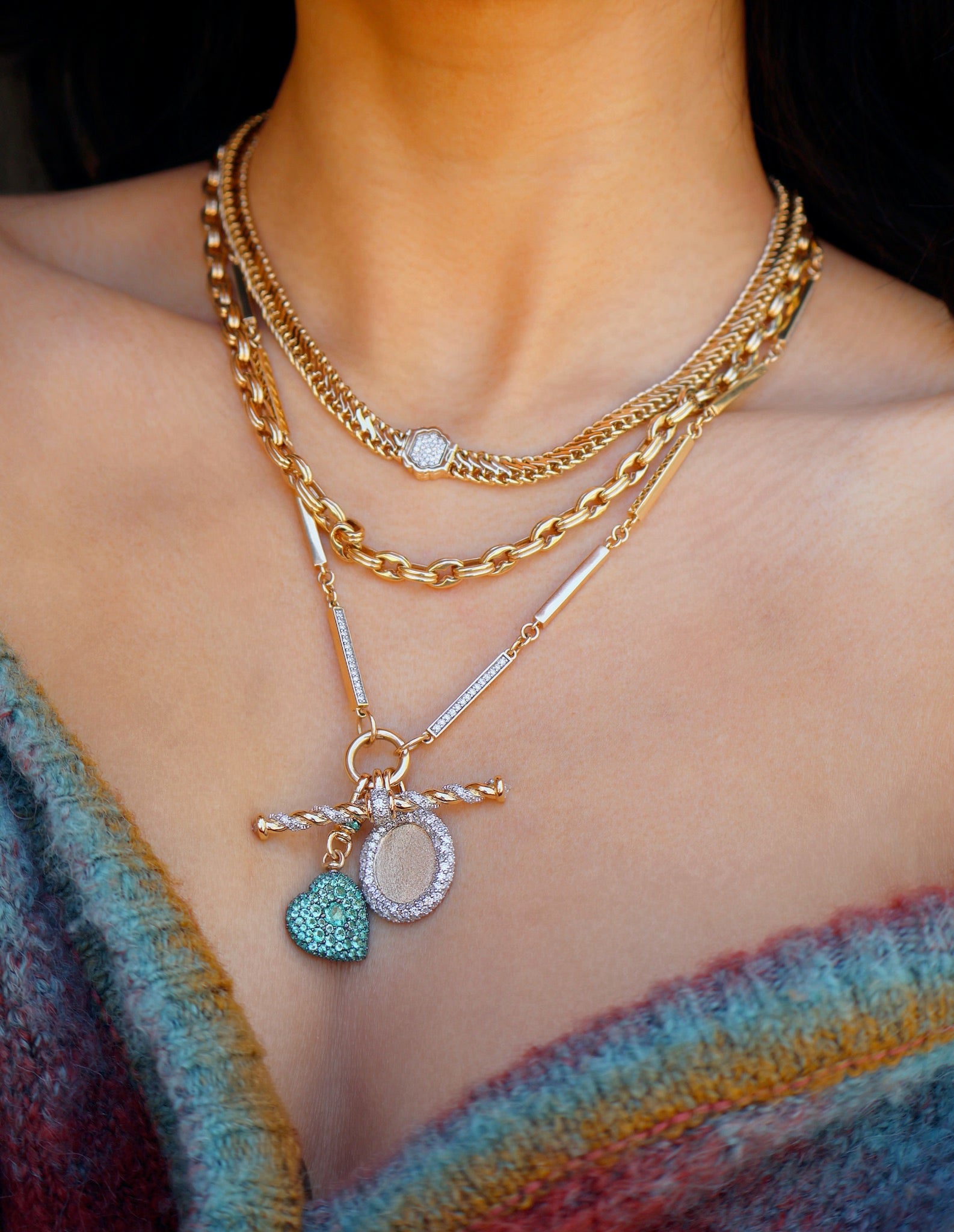 14k yellow gold diamond twisted rope t bar special Albert clip pendant with modern white rhodium finish by Lucy delius Tiny Gods