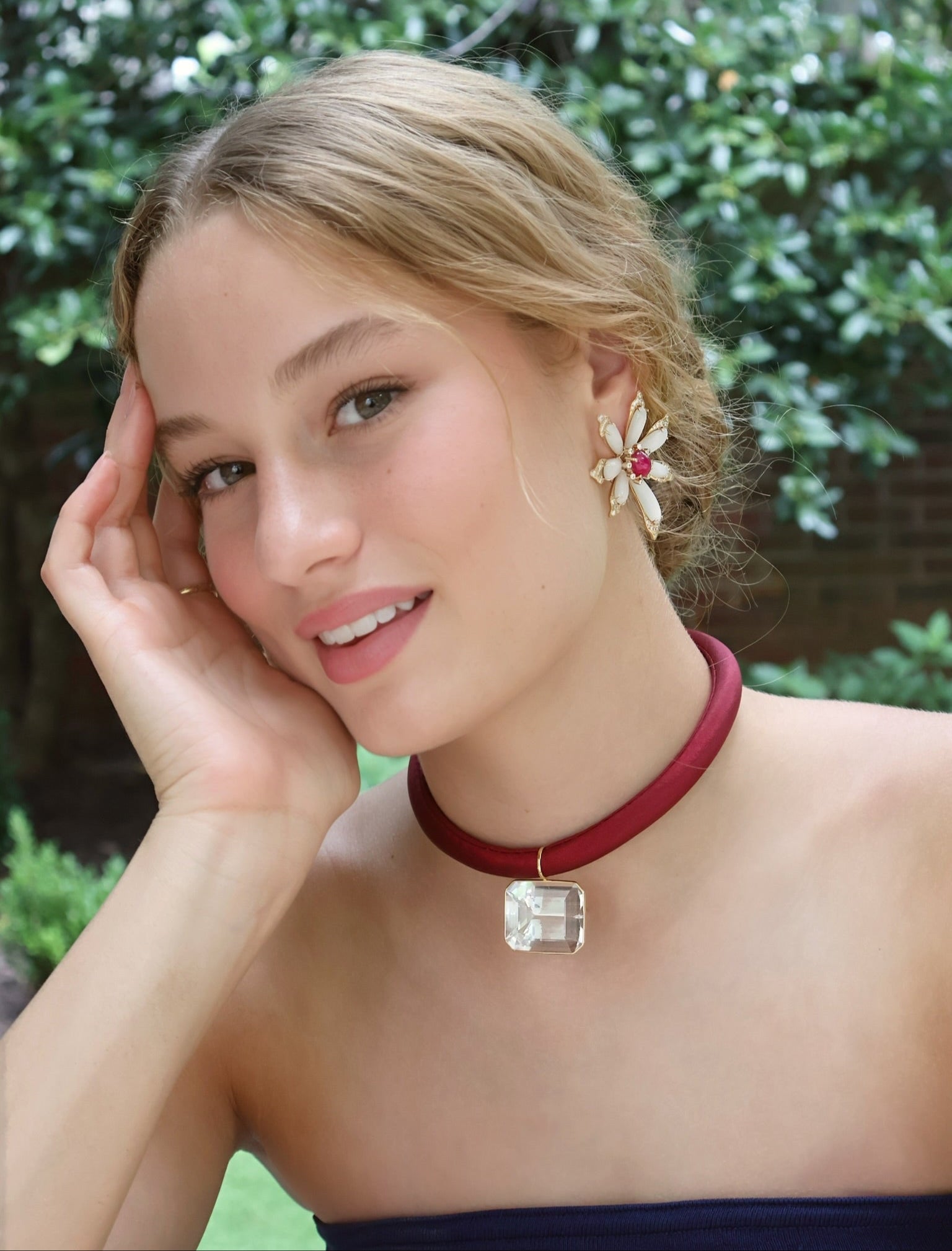 18k yellow gold white moonstone ruby diamond flower blossom large statement earrings by Tallin Tiny Gods