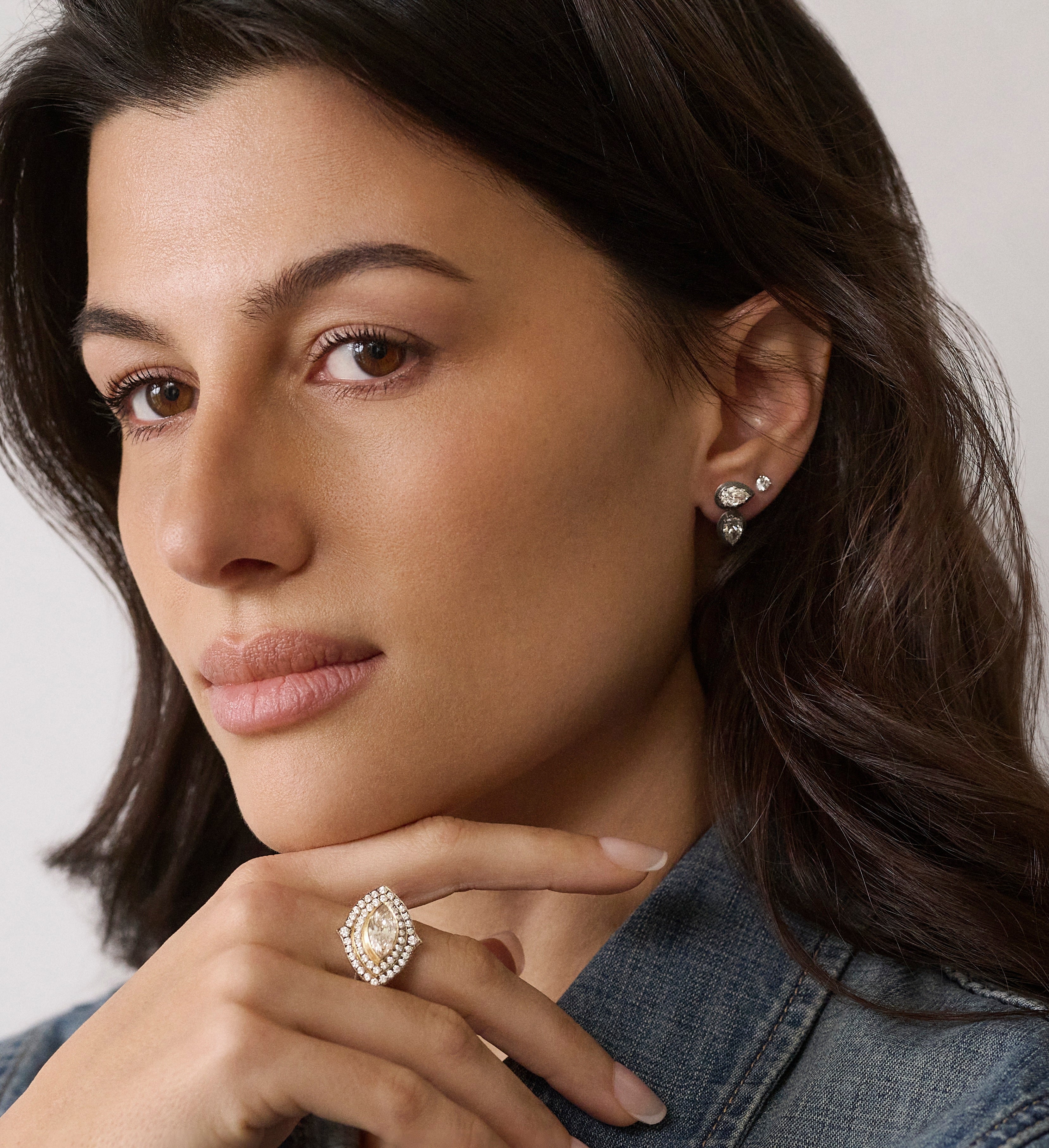 18k yellow gold double pear cut diamond regency stud earrings with black rhodium plating Tiny Gods