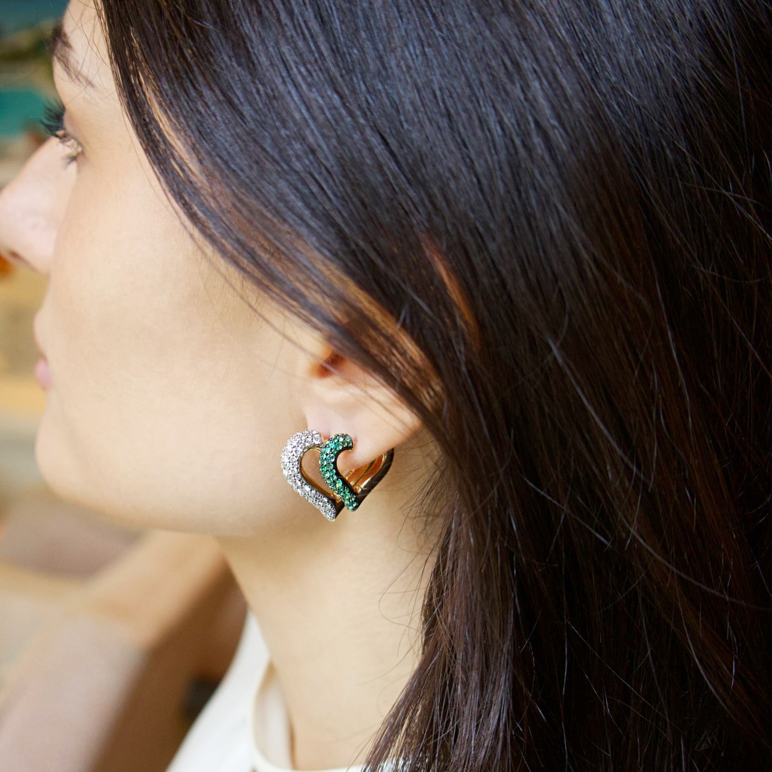 14k yellow gold baby chubby love emerald heart hoop earrings by Lucy Delius