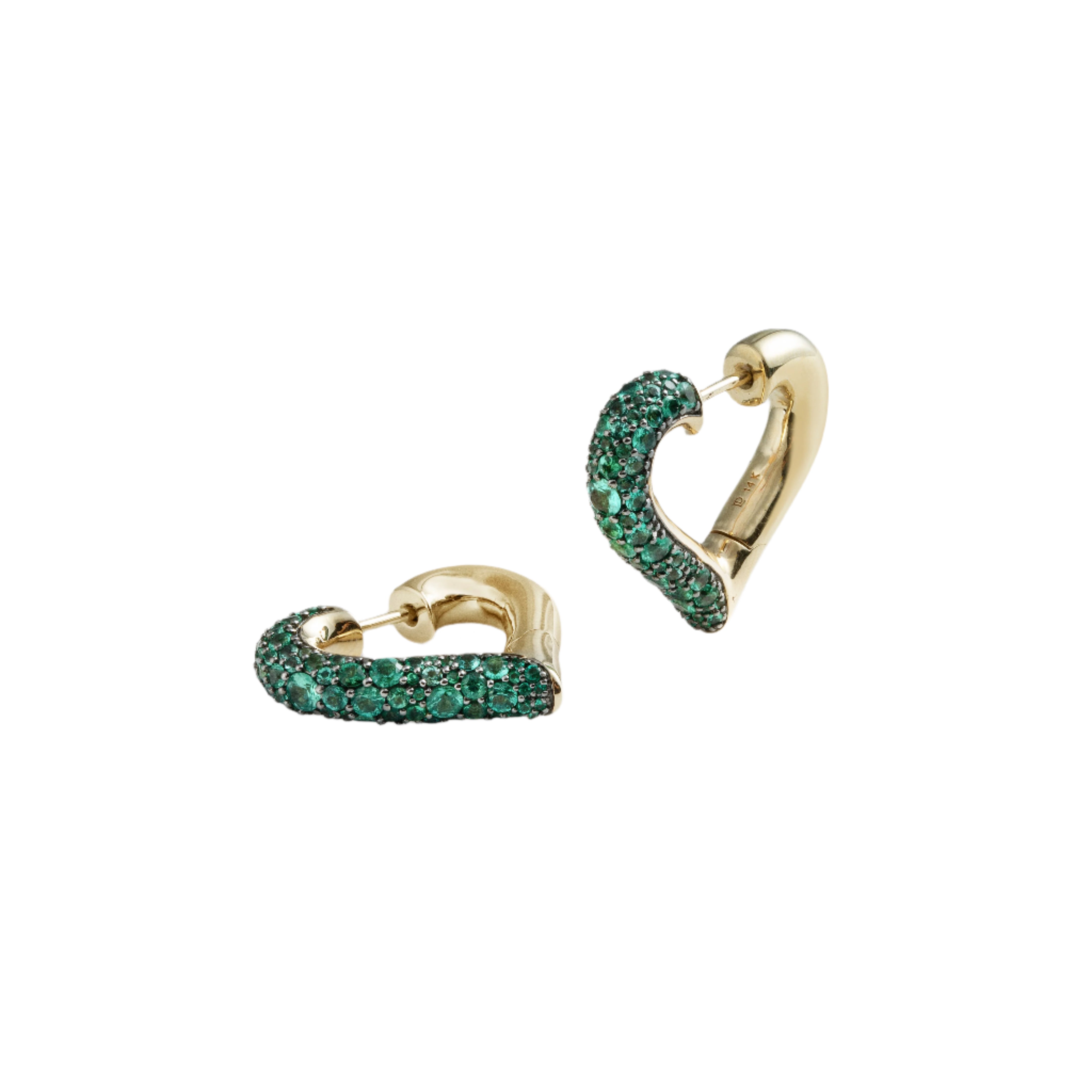 14k yellow gold baby chubby love emerald heart hoop earrings by Lucy Delius