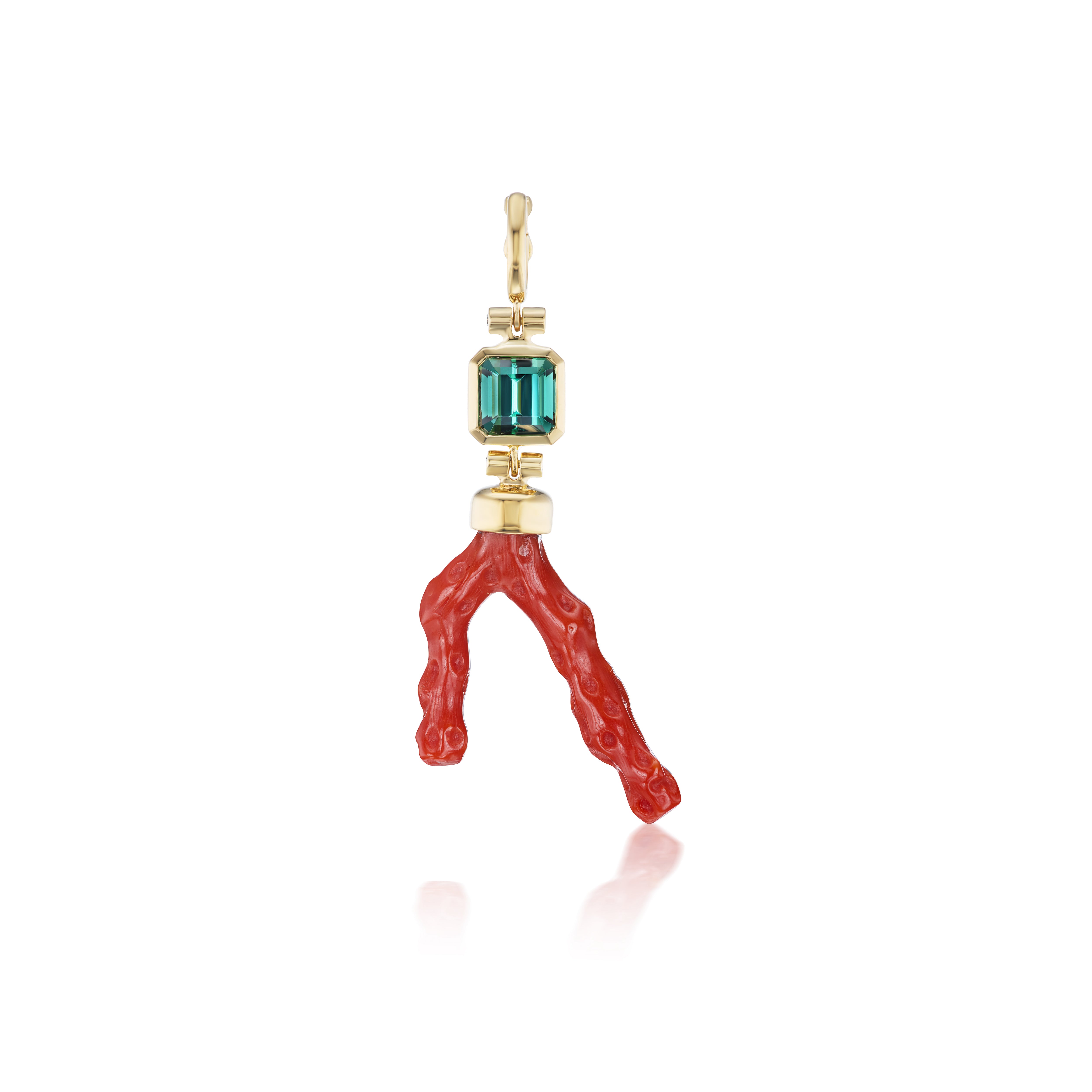 18k yellow gold green tourmaline and vintage coral branch pendant charm by Beck Tiny gods