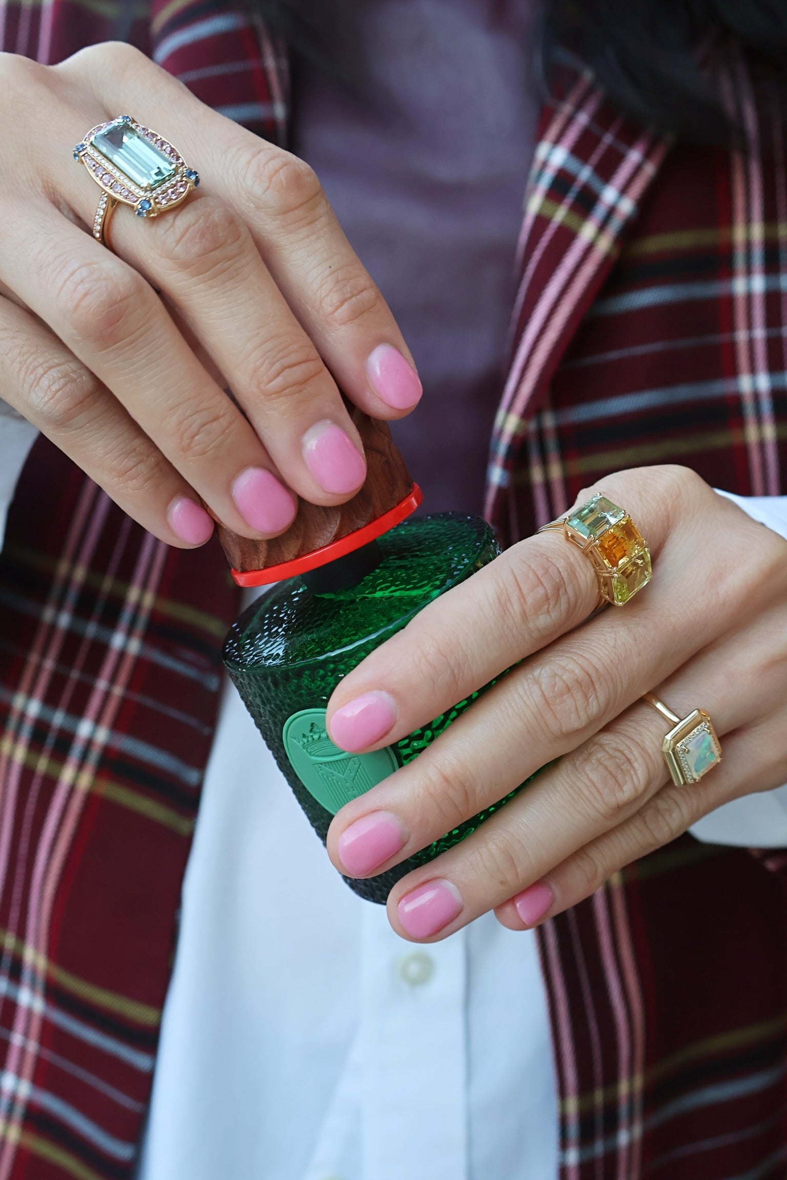 18k yellow gold 3 stone emerald cut lemon quarts, citrine and prasiolite cocktail statement ring by Goshwara Tiny Gods