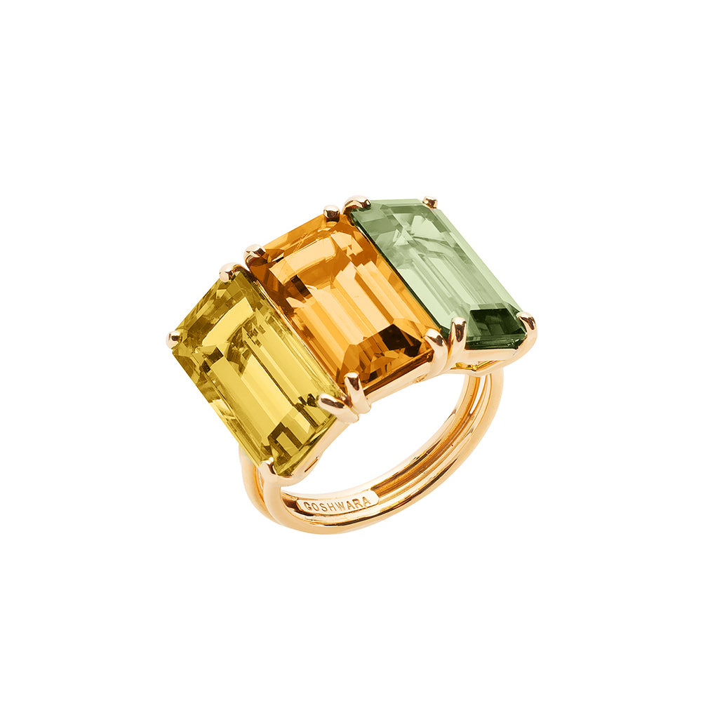 18k yellow gold 3 stone emerald cut lemon quarts, citrine and prasiolite cocktail statement ring by Goshwara Tiny Gods