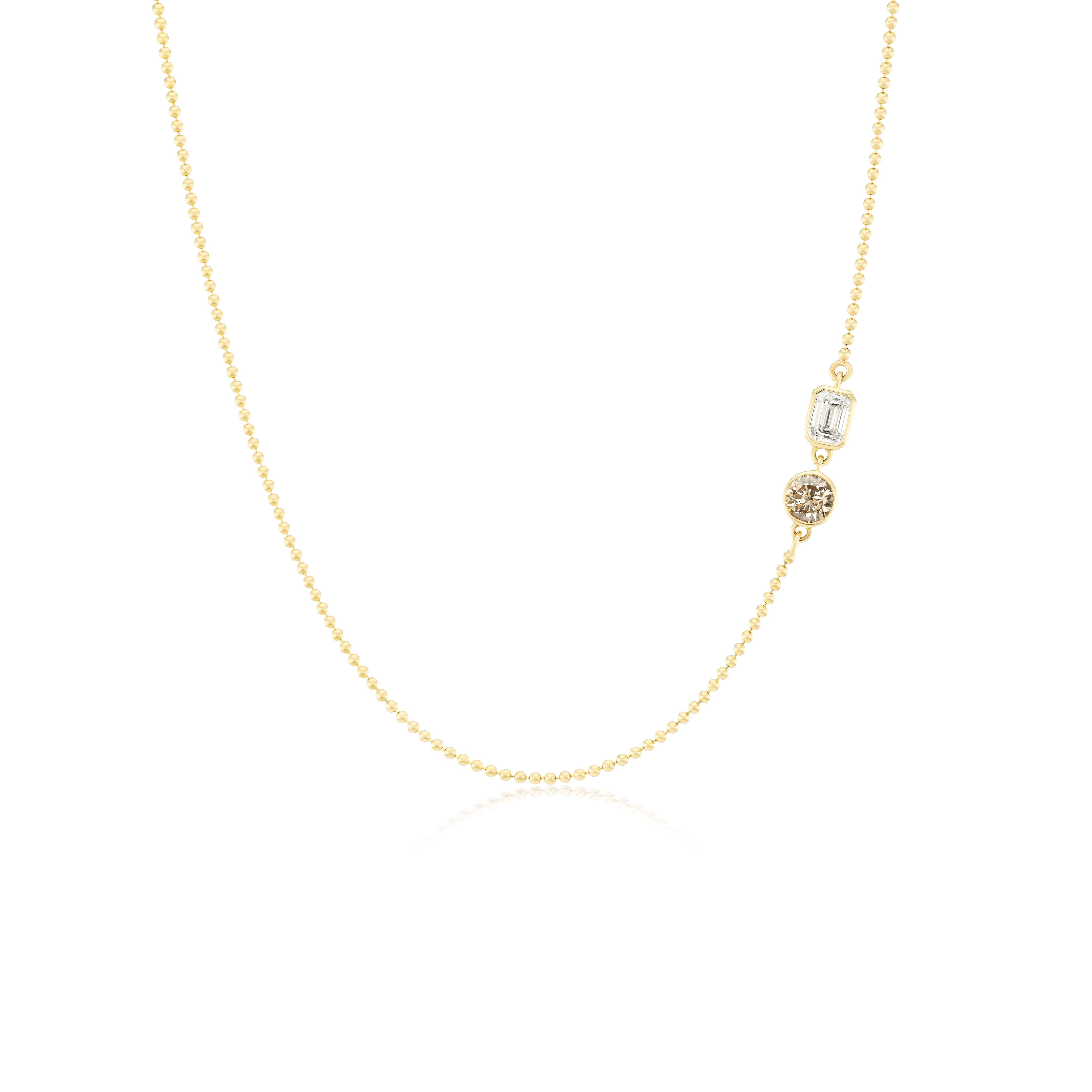 14k yellow gold emerald cut GIA certified diamond and round cognac diamond ball chain necklace Tiny Gods
