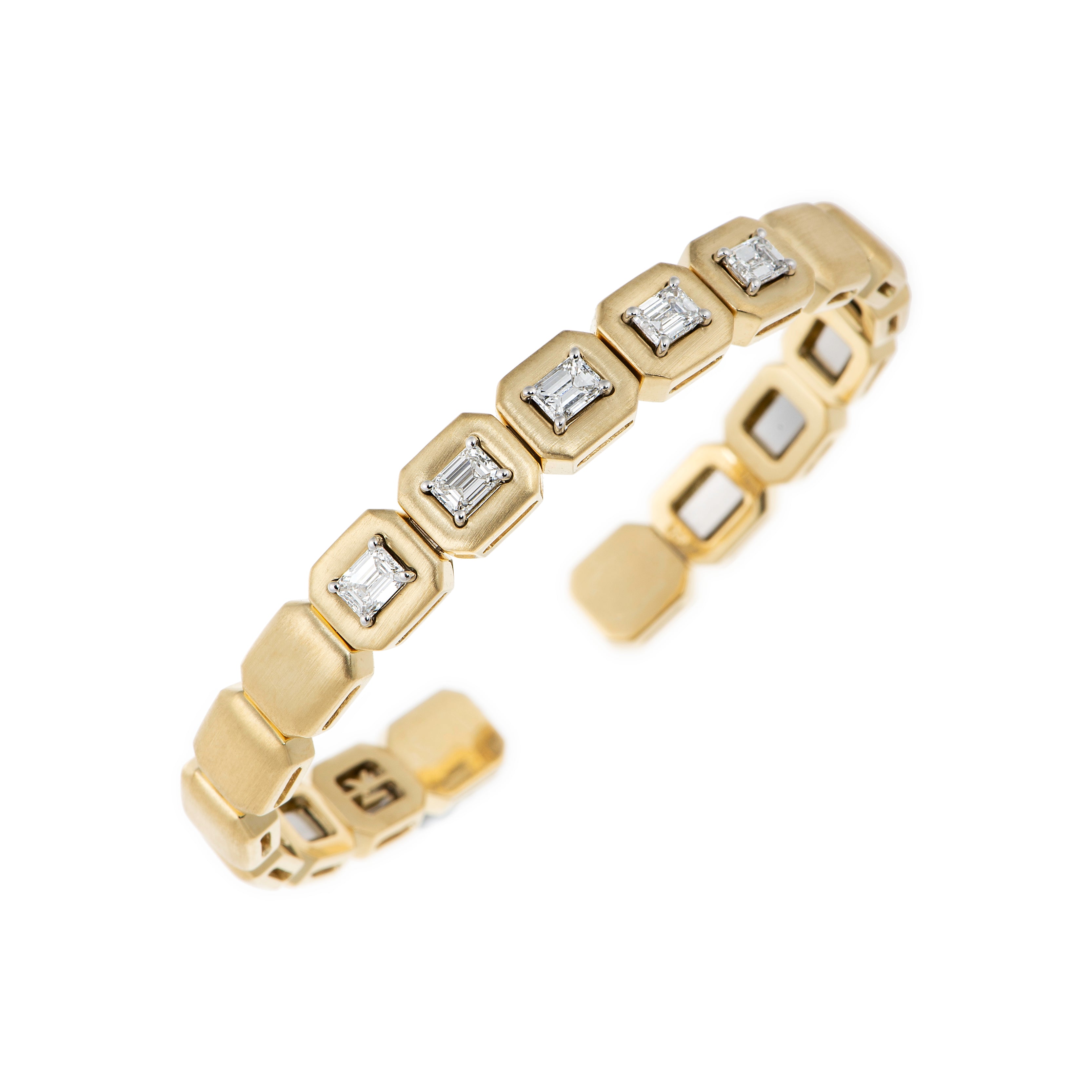 18k yellow gold matte satin emerald cut diamond square link cuff bracelet by Nikos Koulis ME Tiny Gods