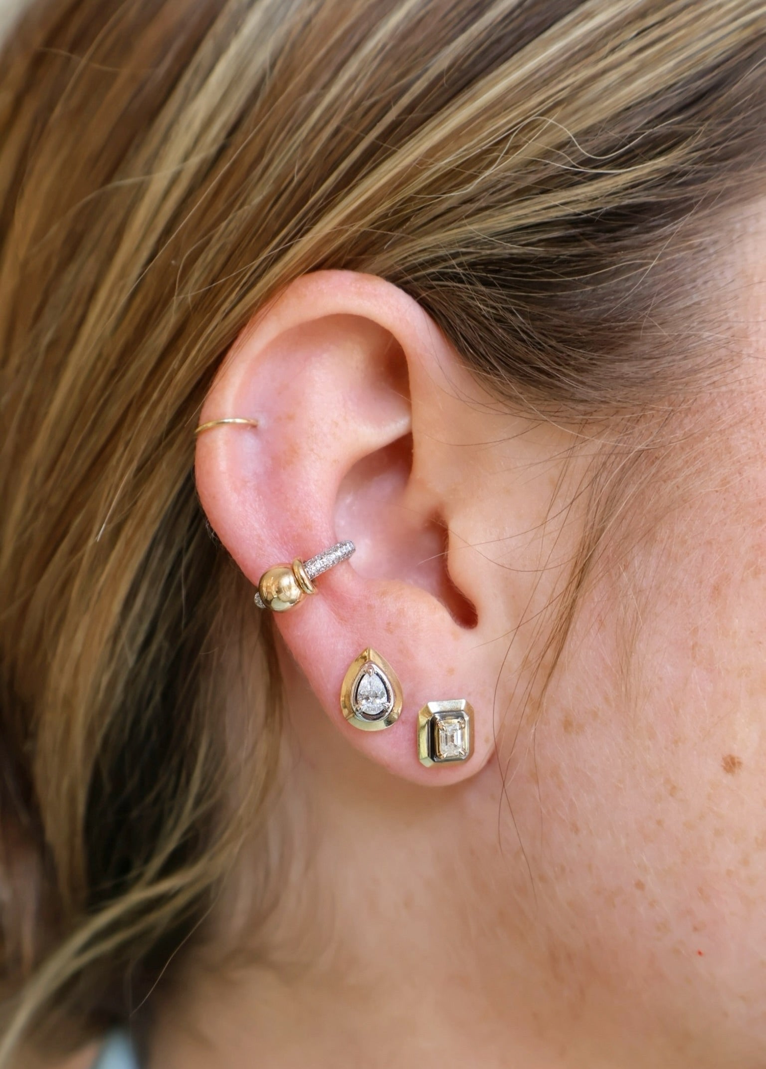9k yellow gold and black rhodium emerald cut diamond tribal stud earring by Rainbow K Tiny Gods