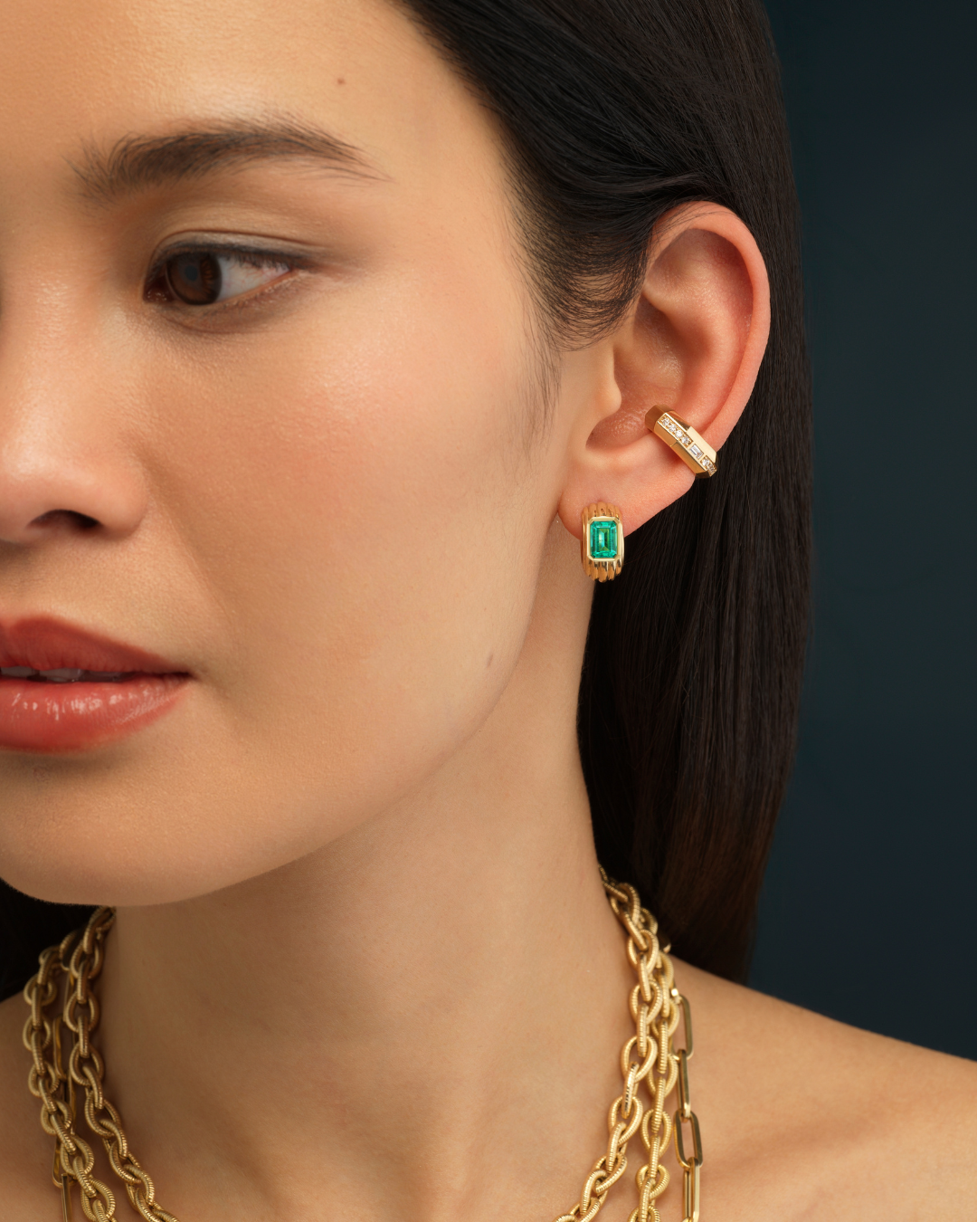 18k yellow gold emerald cut emerald green nomad chubby huggie earring by Sorellina Tiny Gods