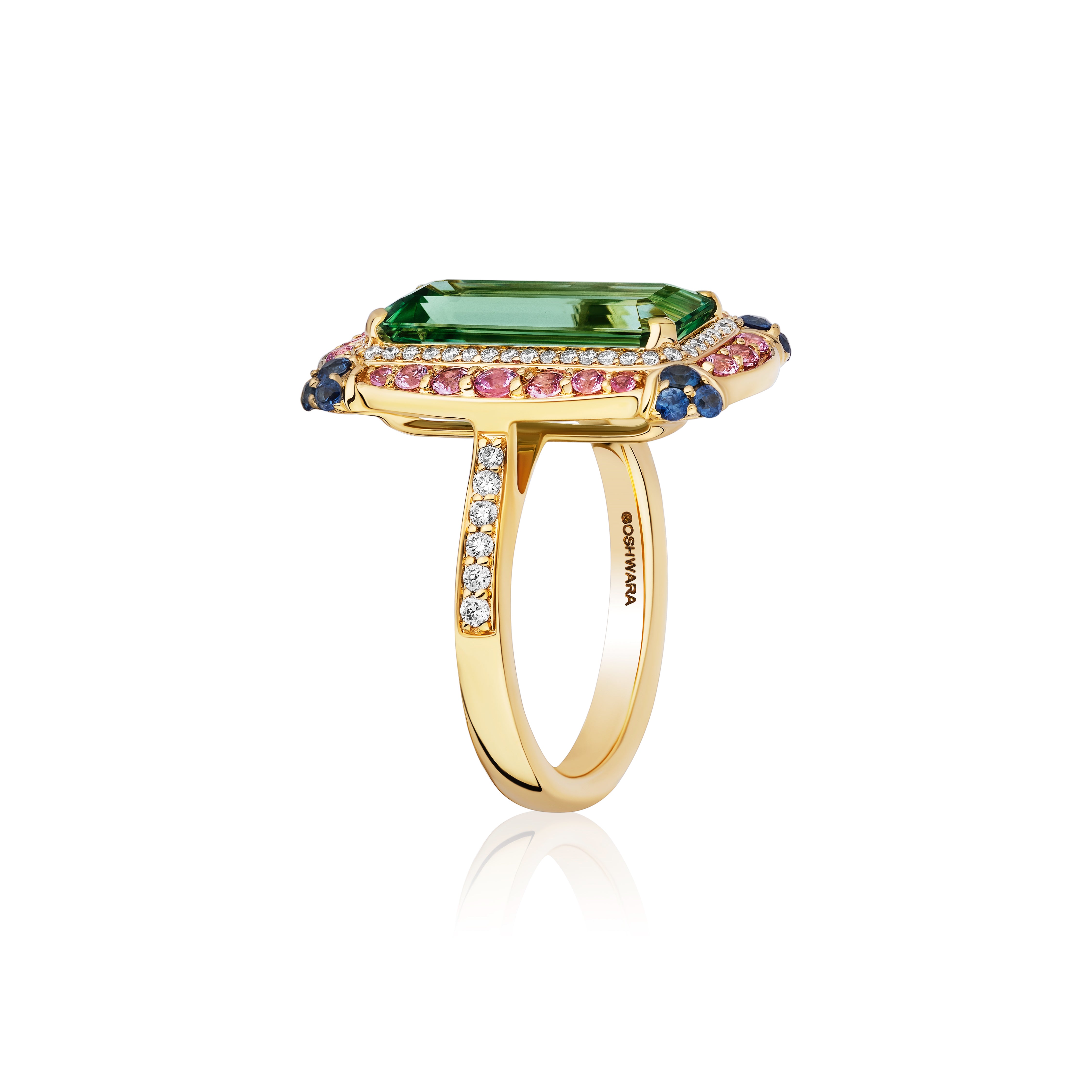 18k yellow gold emerald cut green tourmaline diamond ring with pink and blue sapphire border statement cocktail ring by Goshwara Tiny Gods