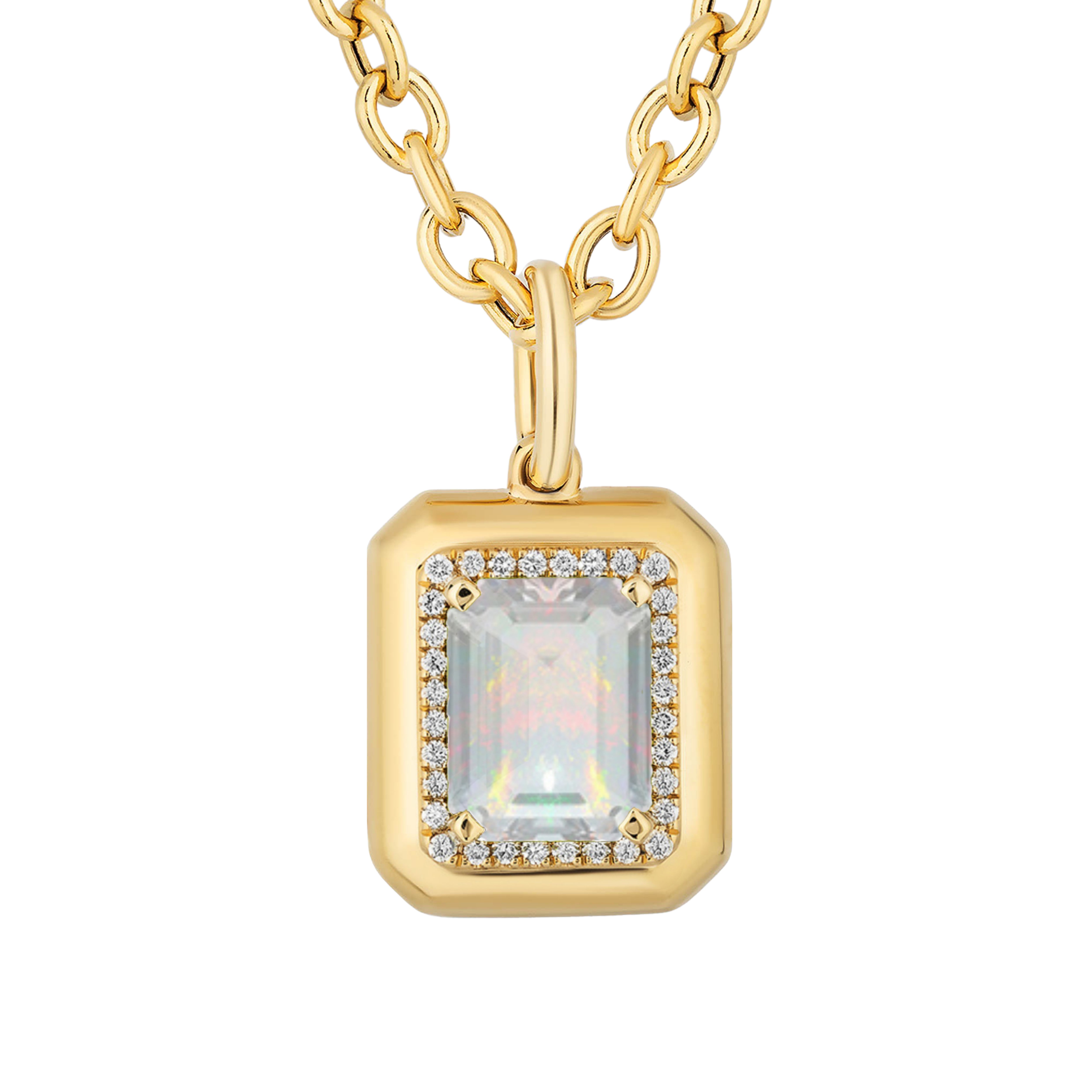 18k yellow gold emerald cut opal pendant with diamond border by Goshwara Tiny Gods