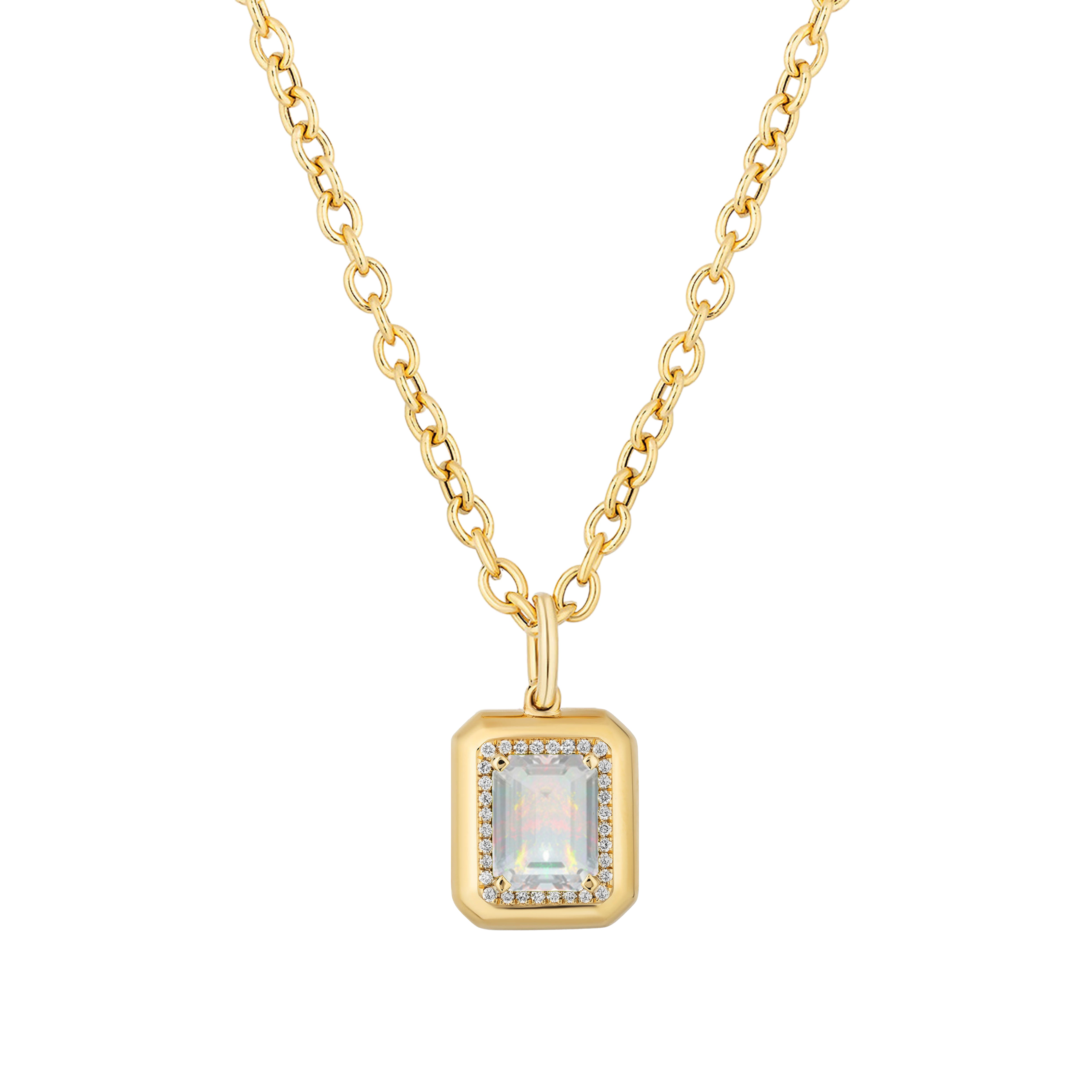 18k yellow gold emerald cut opal pendant with diamond border by Goshwara Tiny Gods