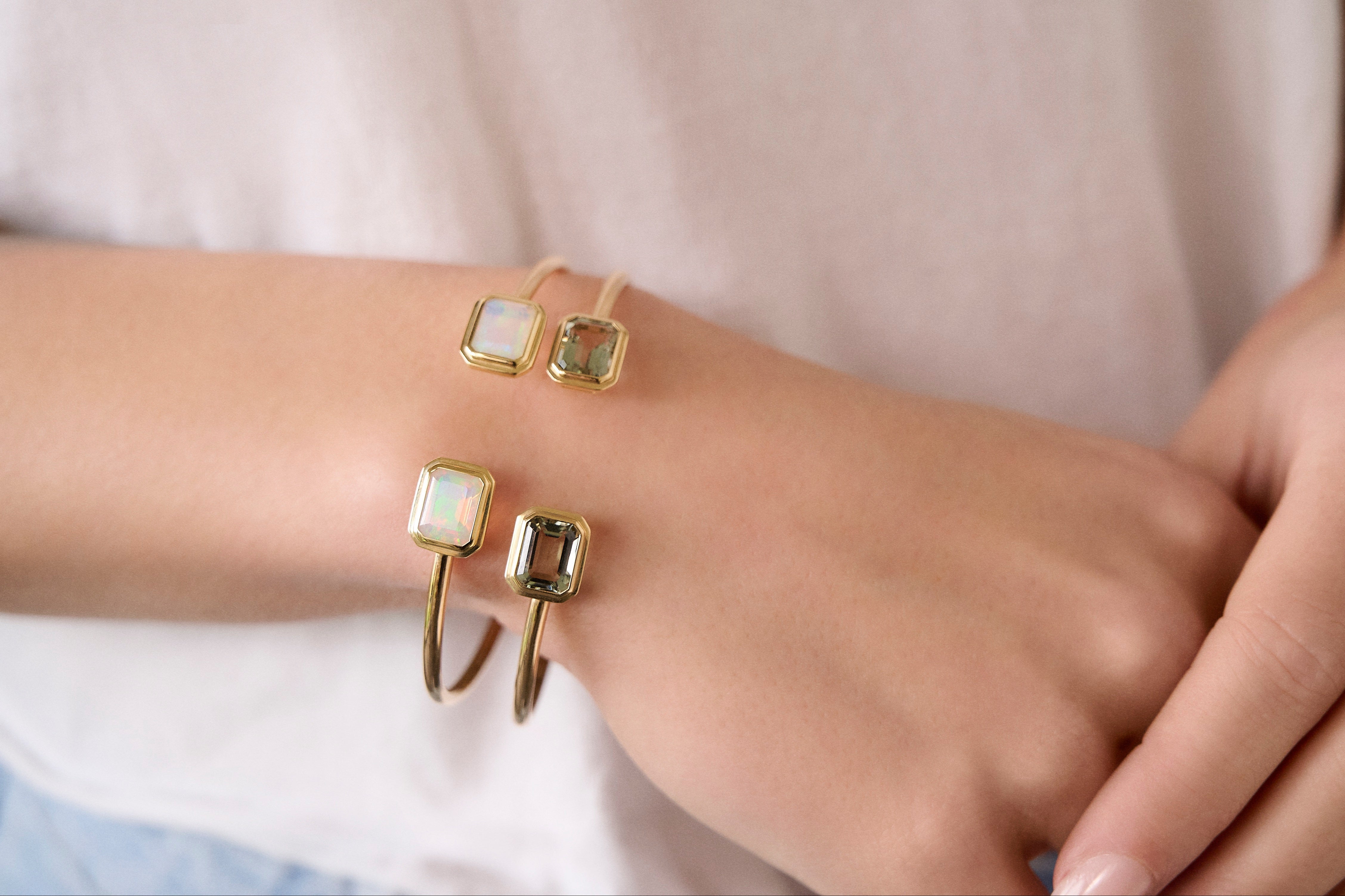 yellow gold emerald cut green prasiolite open gap cuff bangle bracelet goshwara tiny gods