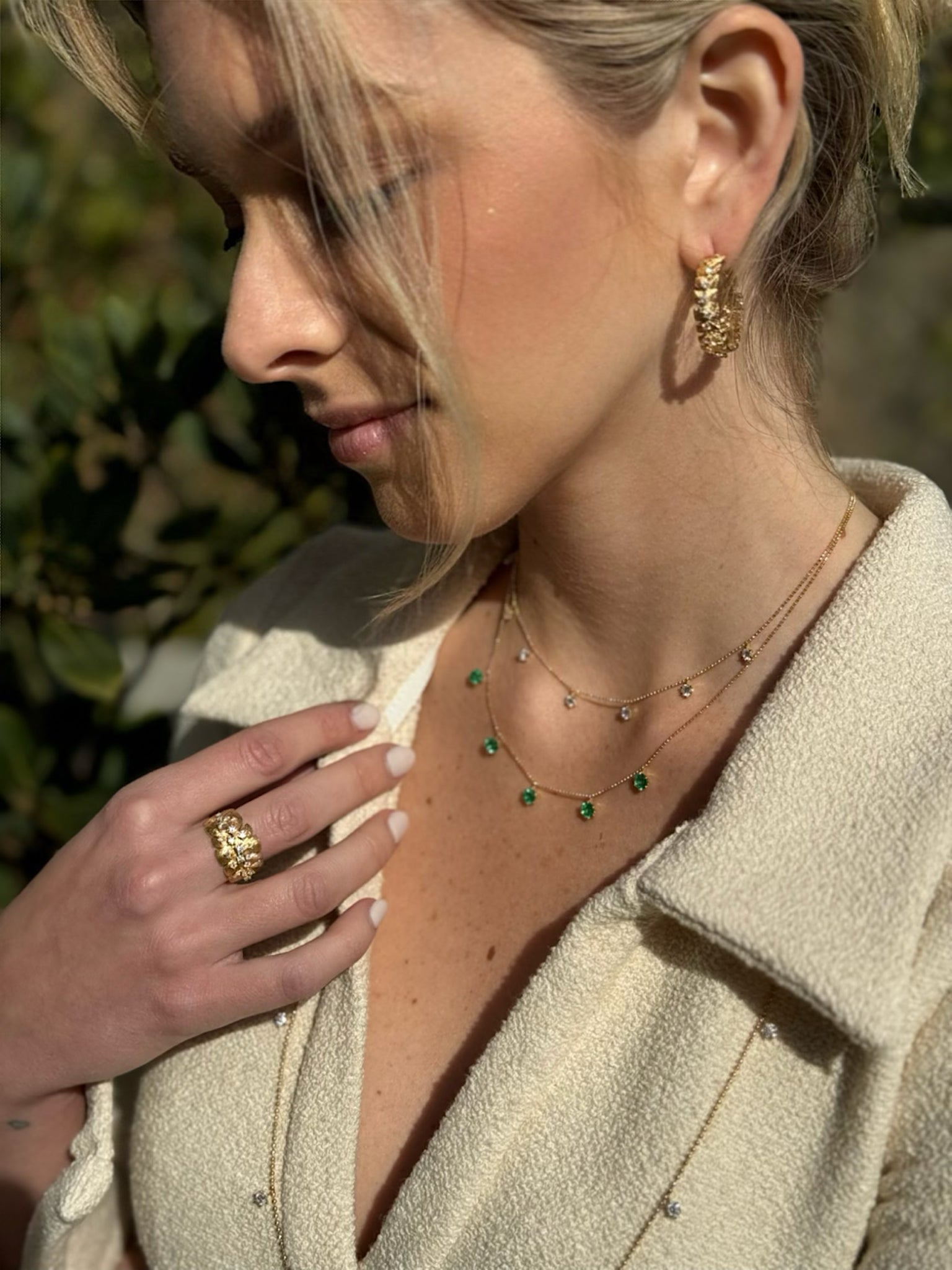 18k yellow gold emerald floating adjustable bolo necklace by Graziela Tiny Gods