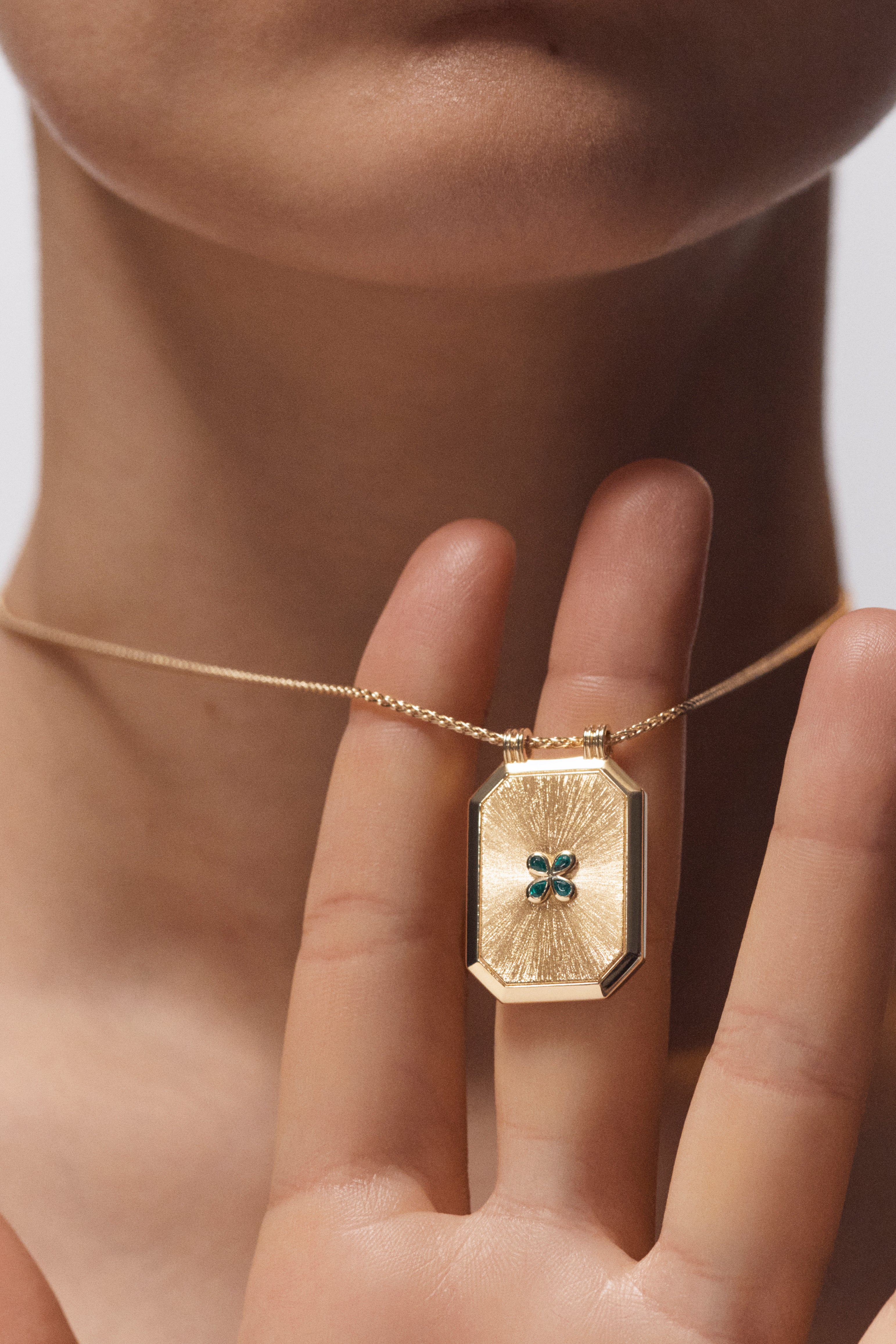 18k yellow gold emerald clover lucky 4 leaf luck scapular necklace by Marie Lichtenberg Tiny Gods