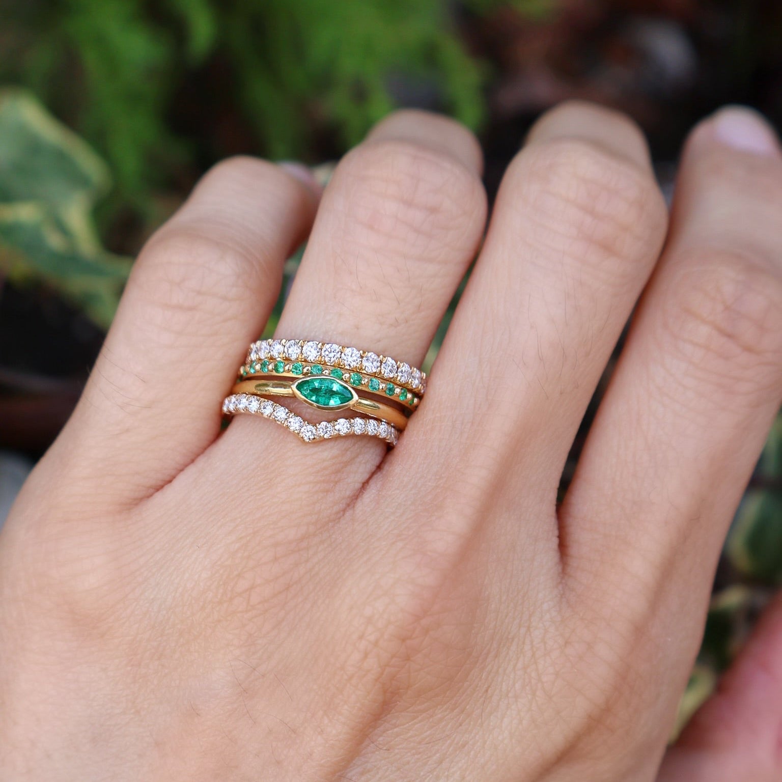 Radiate stacking band with emerald pave in 18k yellow gold by Orly Marcel