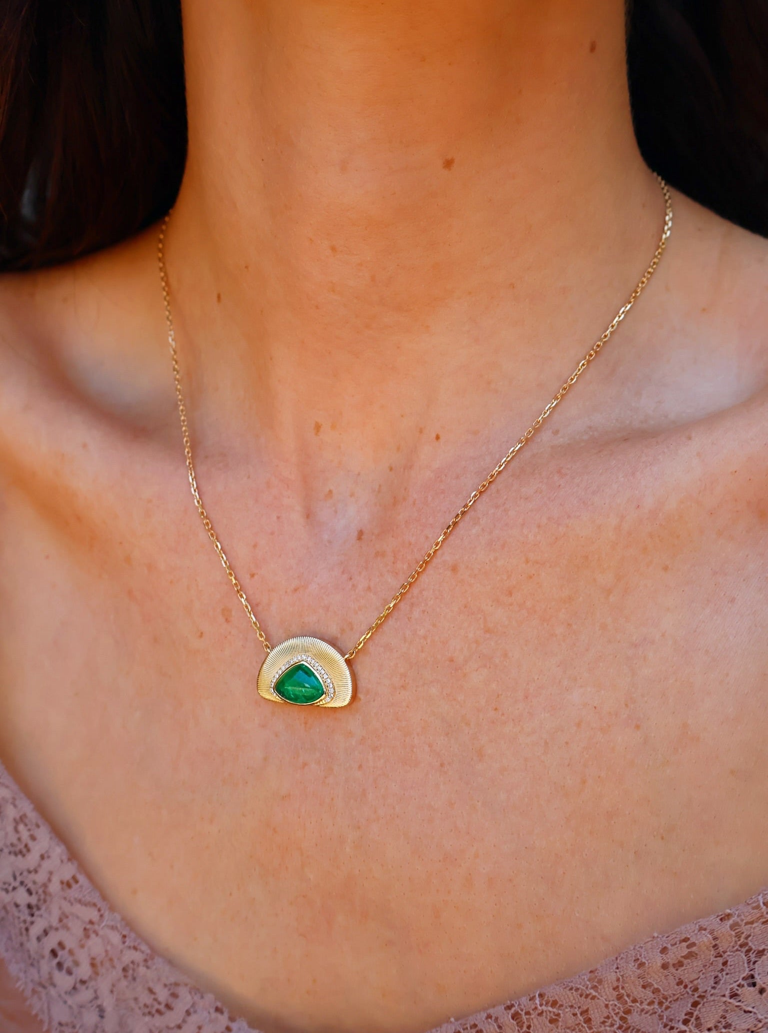 18k yellow gold emerald pendant sunrise raya necklace Tiny Gods