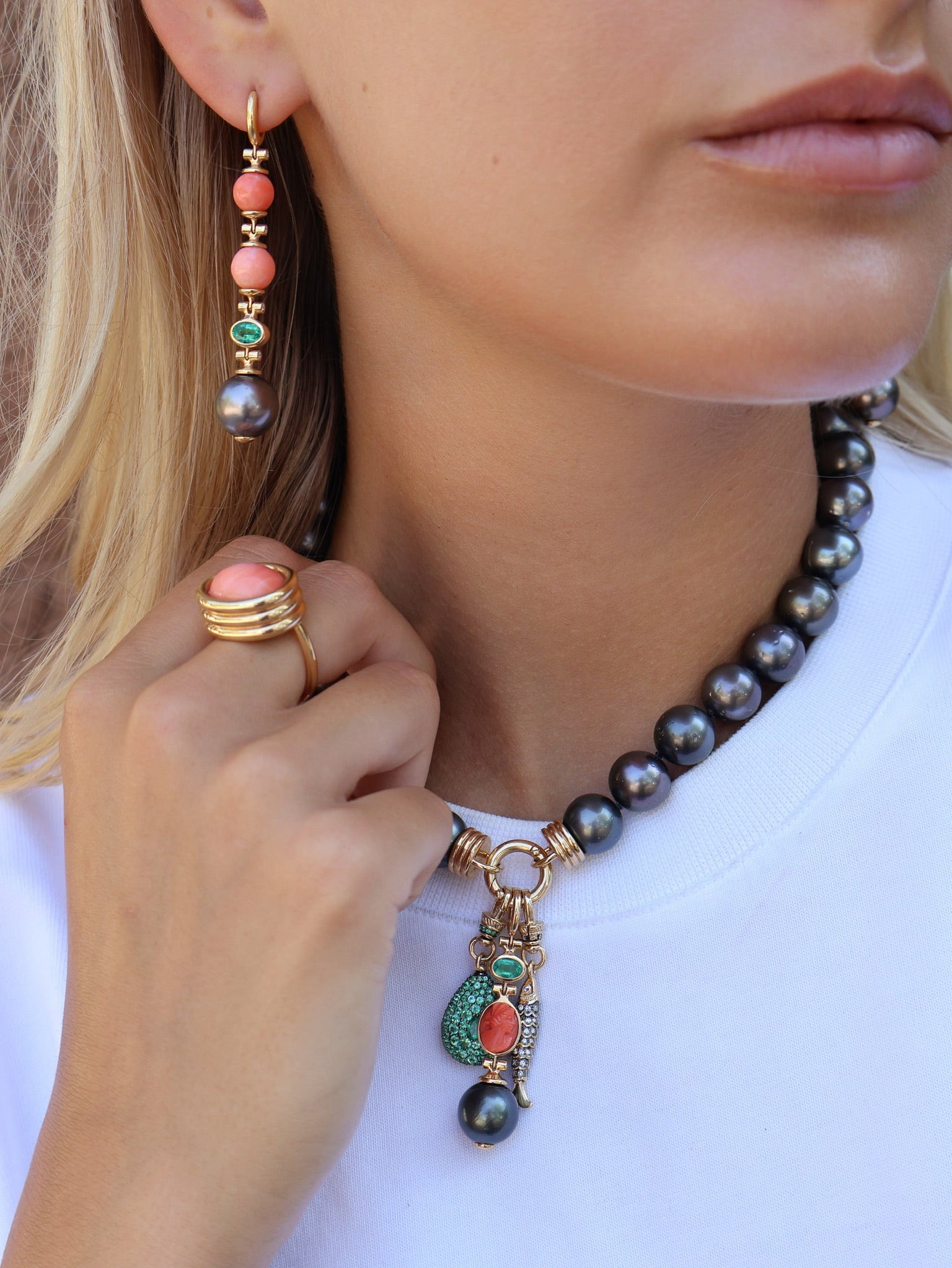 18k yellow gold shackle pink triple drop dangle pendant with vintage Japanese coral cameo, Brazilian emerald and grey Tahitian pearl porto pendant by Beck Tiny Gods