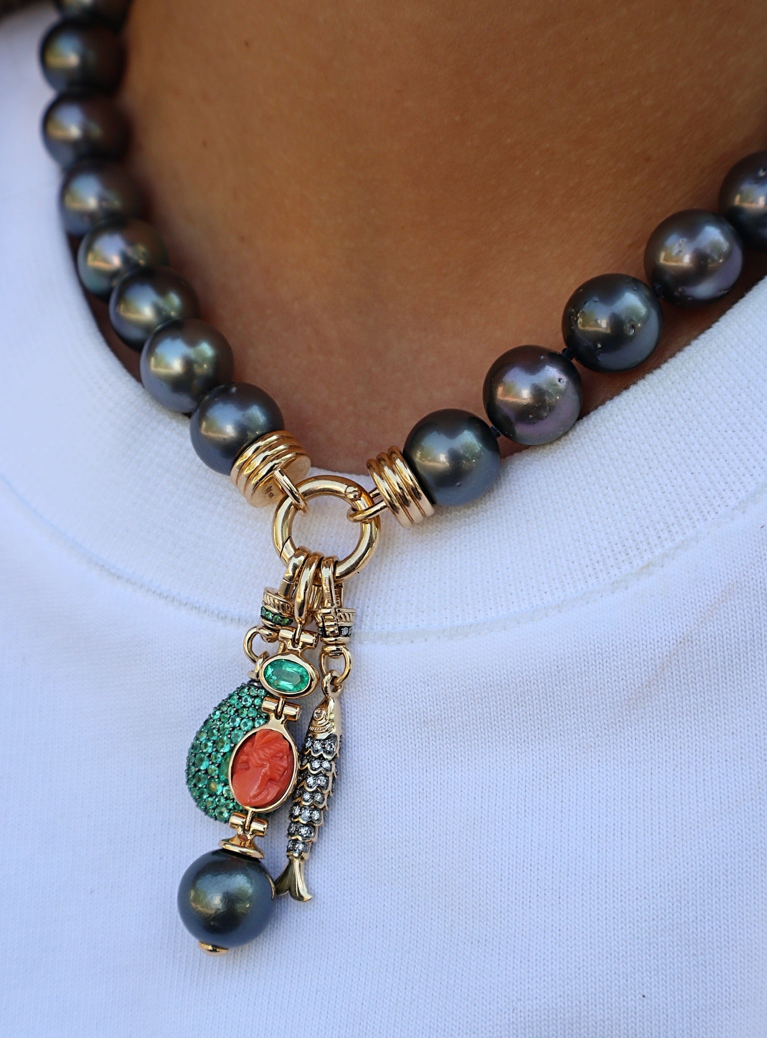 18k yellow gold shackle pink triple drop dangle pendant with vintage Japanese coral cameo, Brazilian emerald and grey Tahitian pearl porto pendant by Beck Tiny Gods