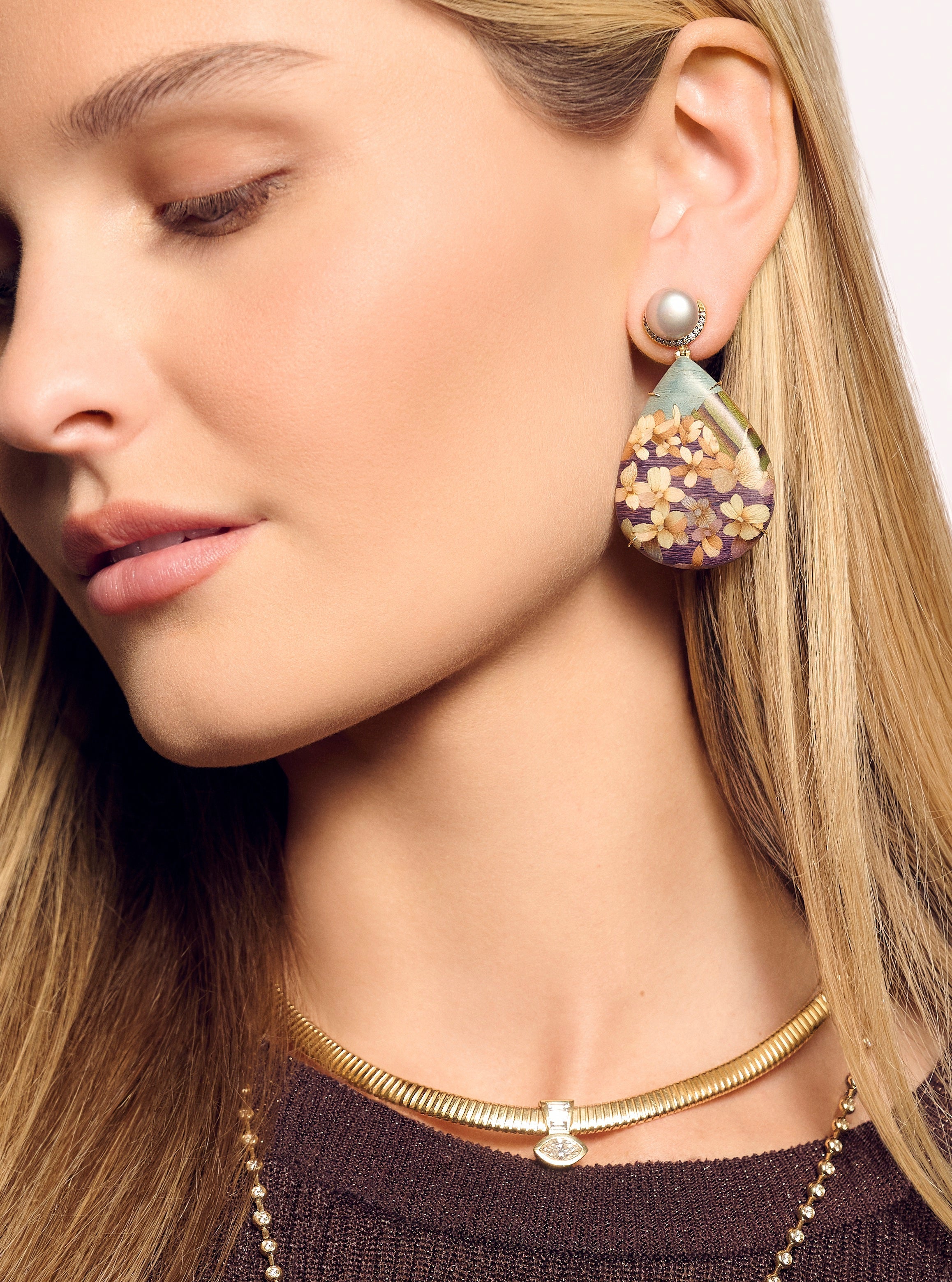 18k yellow gold floral teardrop marquetry pearl diamond earrings wood by Silvia Furmanovich Tiny Gods