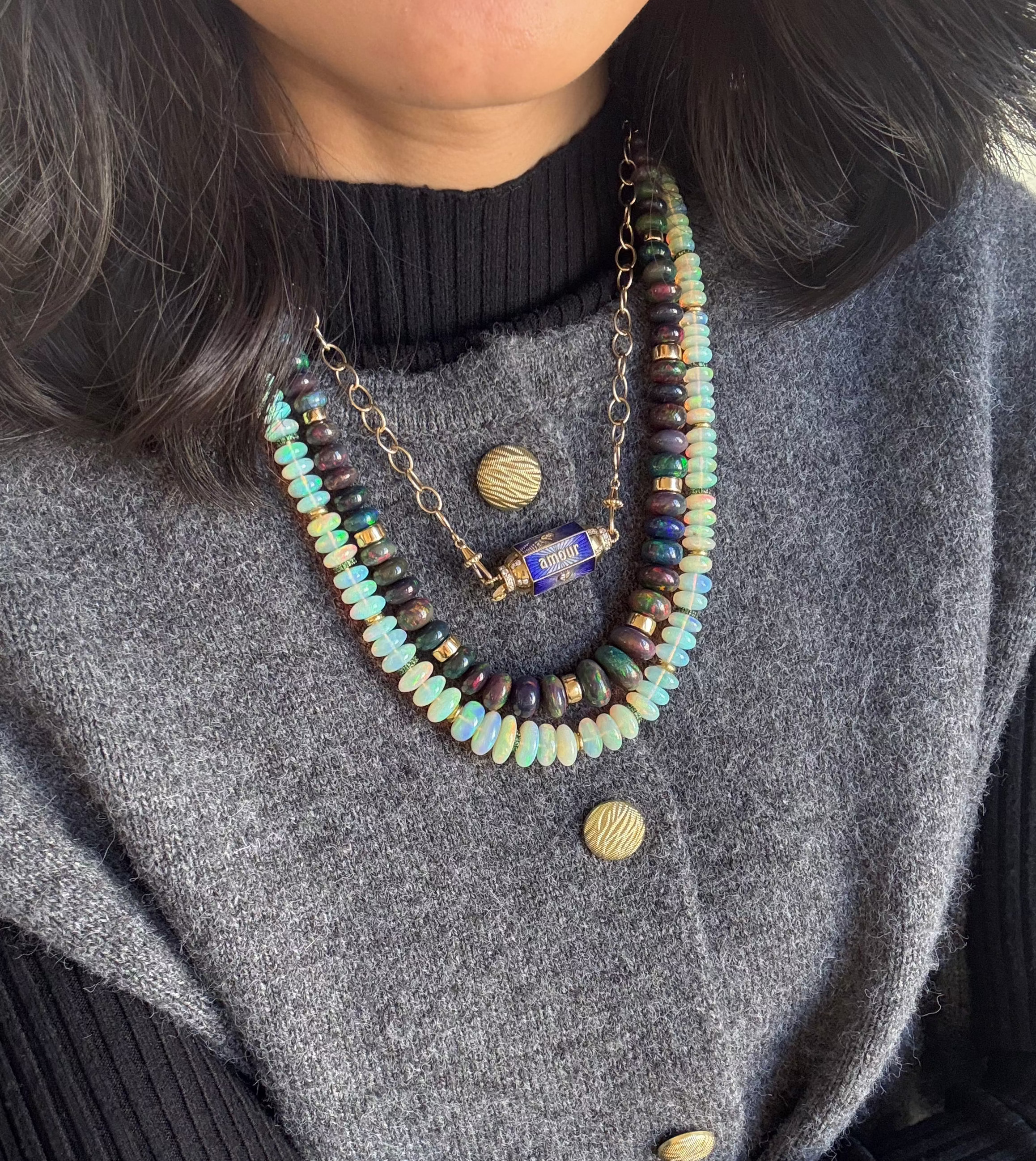 18k yellow gold graduated black opal and gold rondelle beaded necklace by Goshwara Tiny Gods